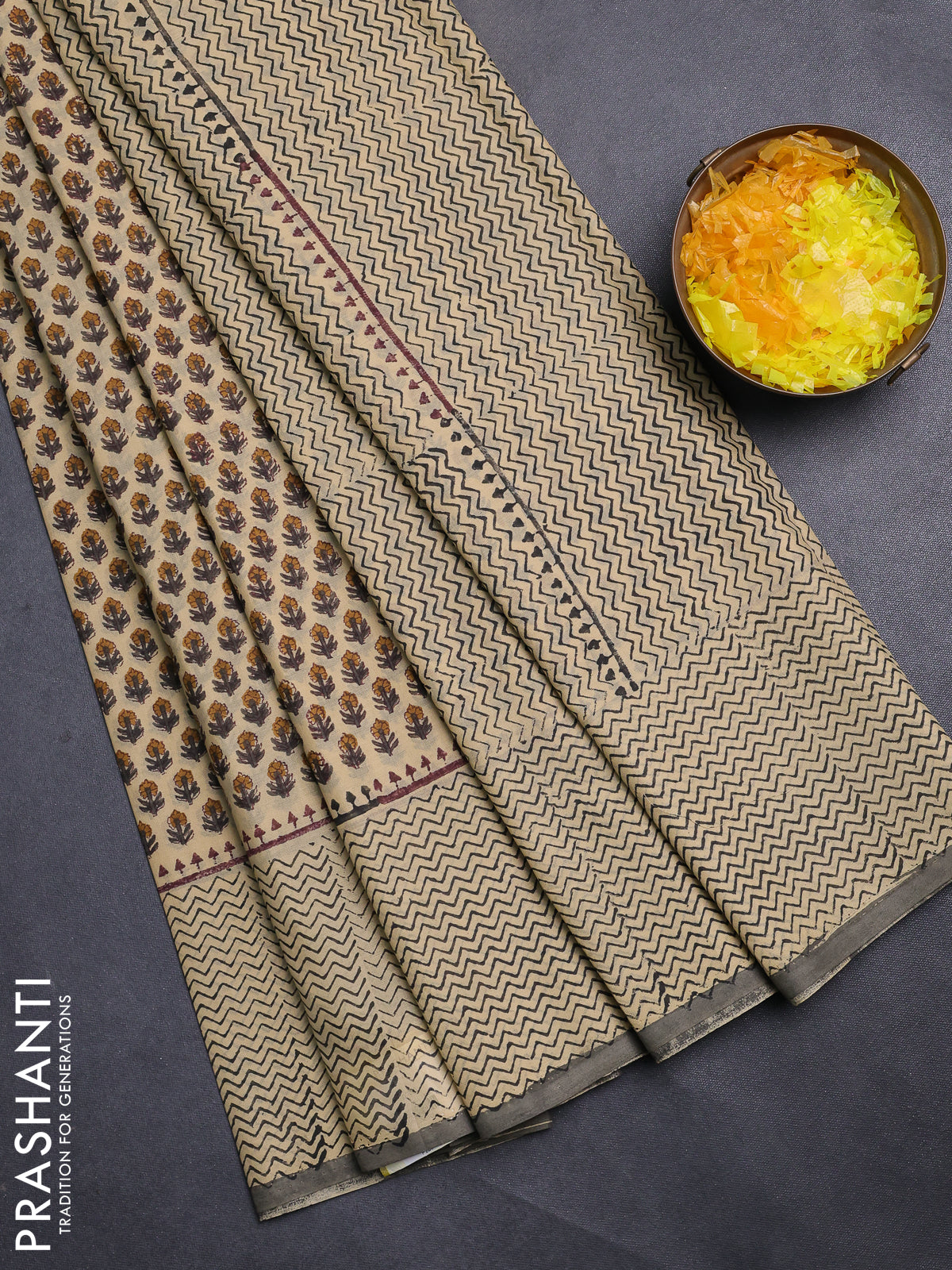Jaipur cotton saree beige and grey with allover butta prints and printed border