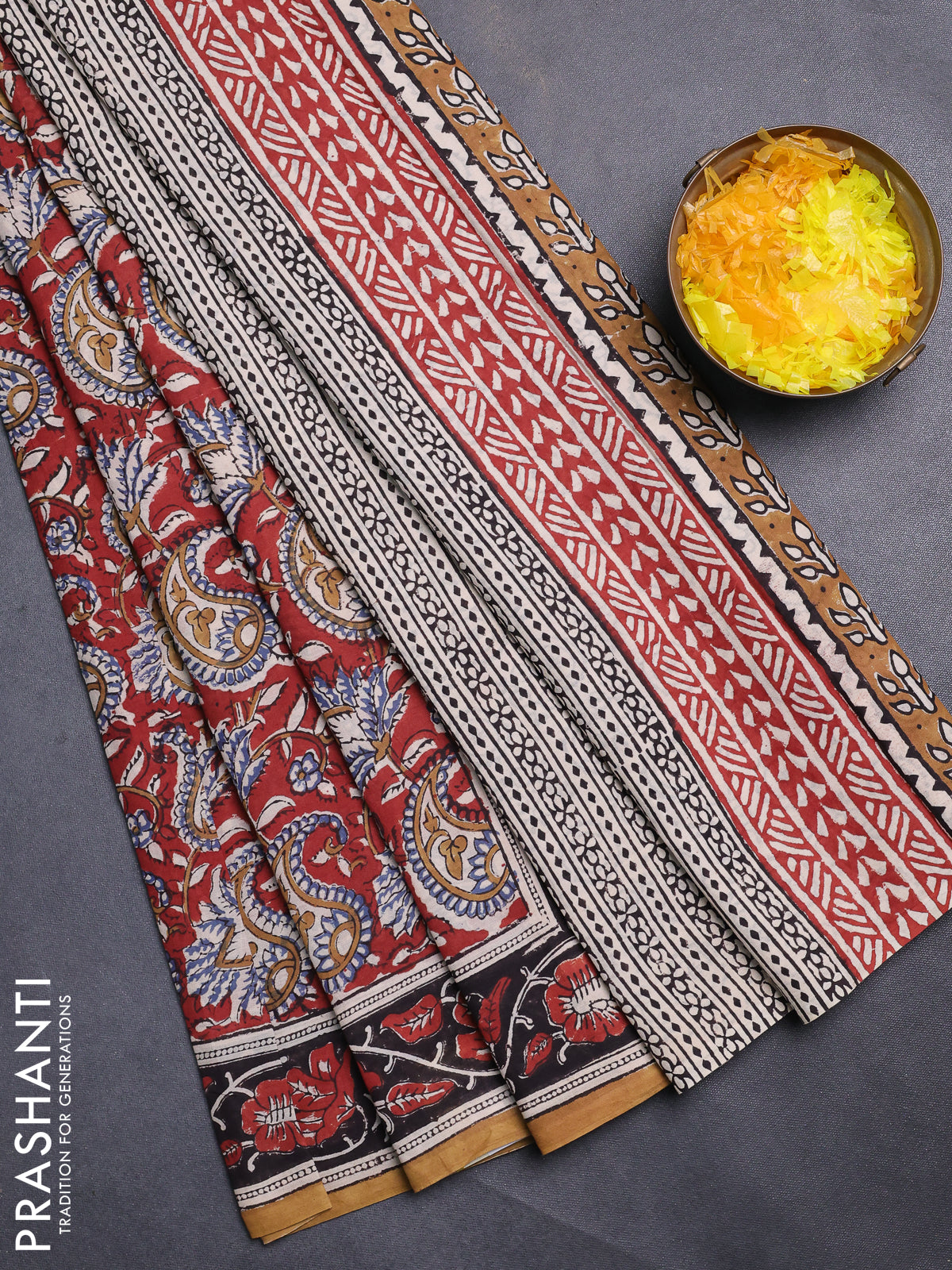 Jaipur cotton saree maroon and black with allover kalamkari prints and printed border