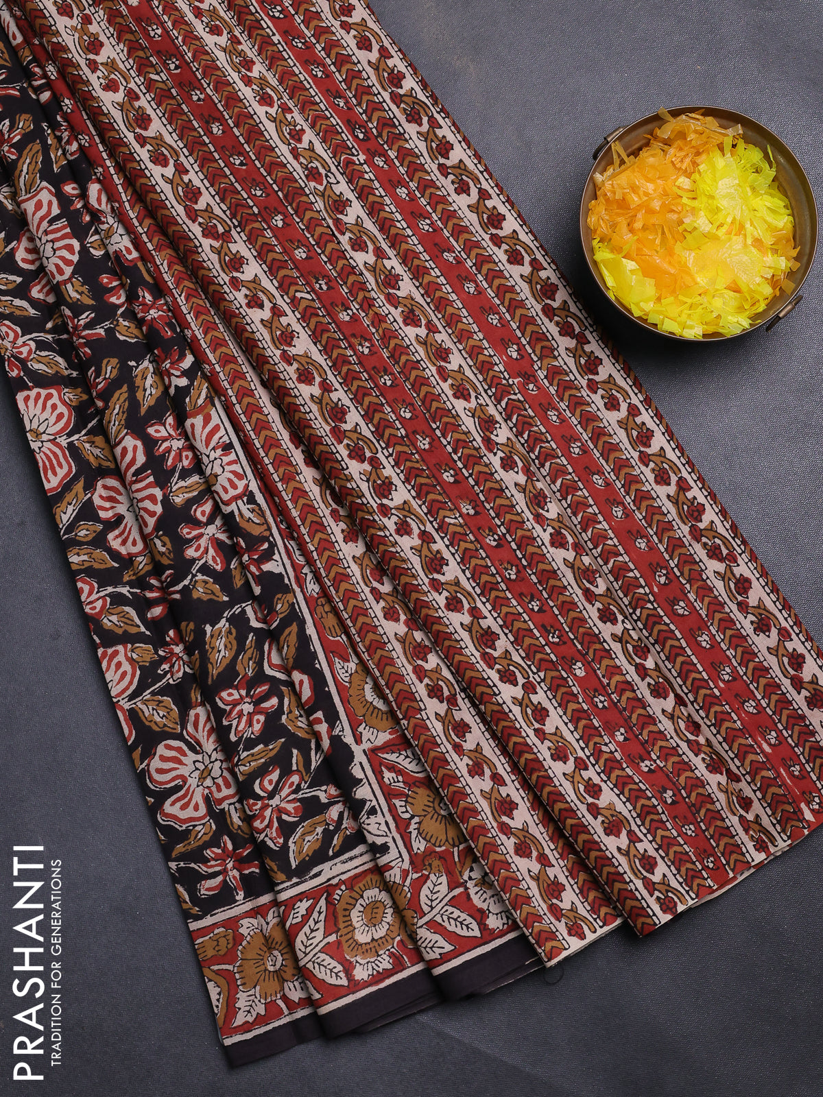 Jaipur cotton saree black and maroon with allover kalamkari prints and printed border