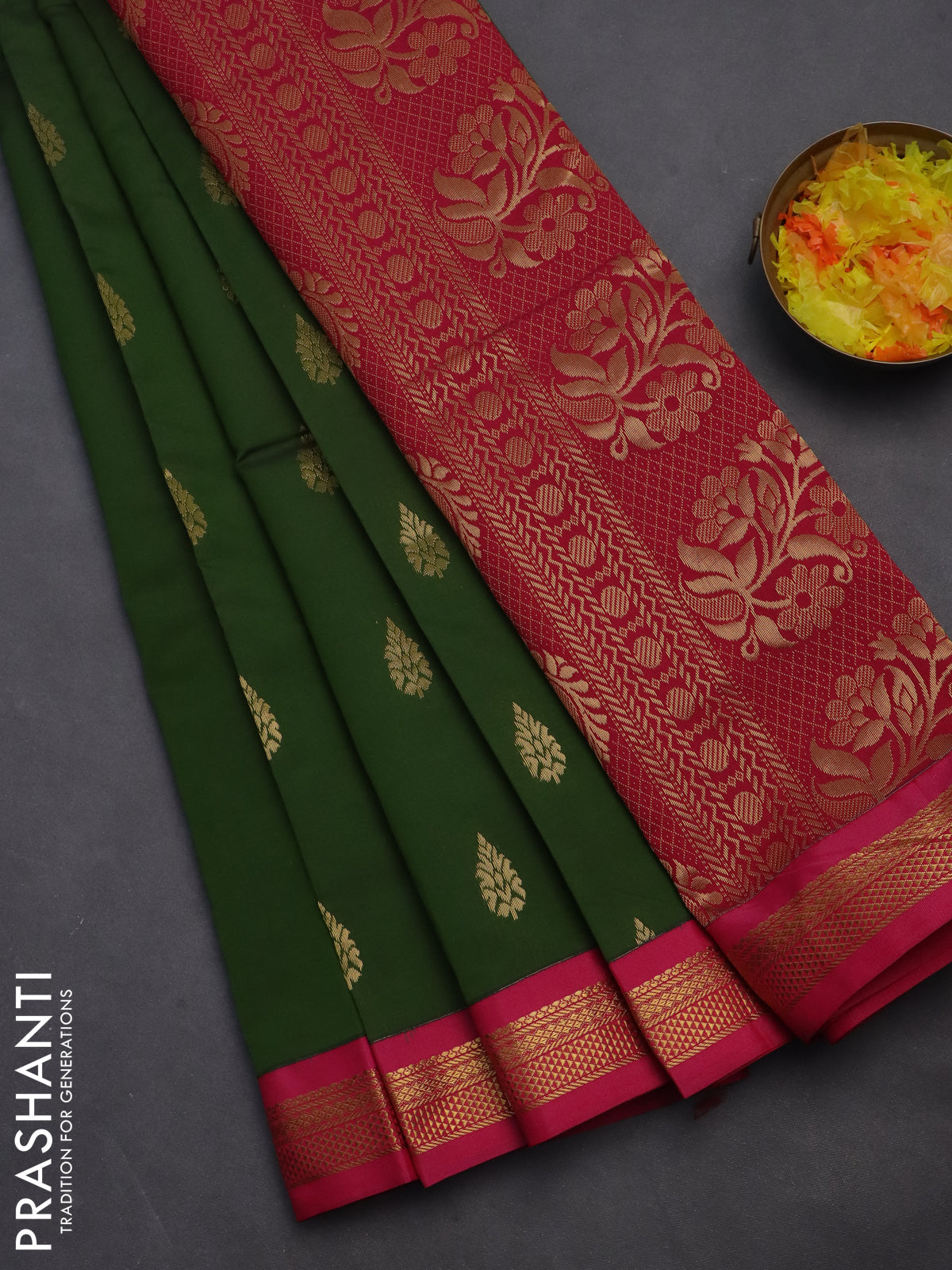 10 yards salem silk saree sap green and pink with zari woven buttas and zari woven border