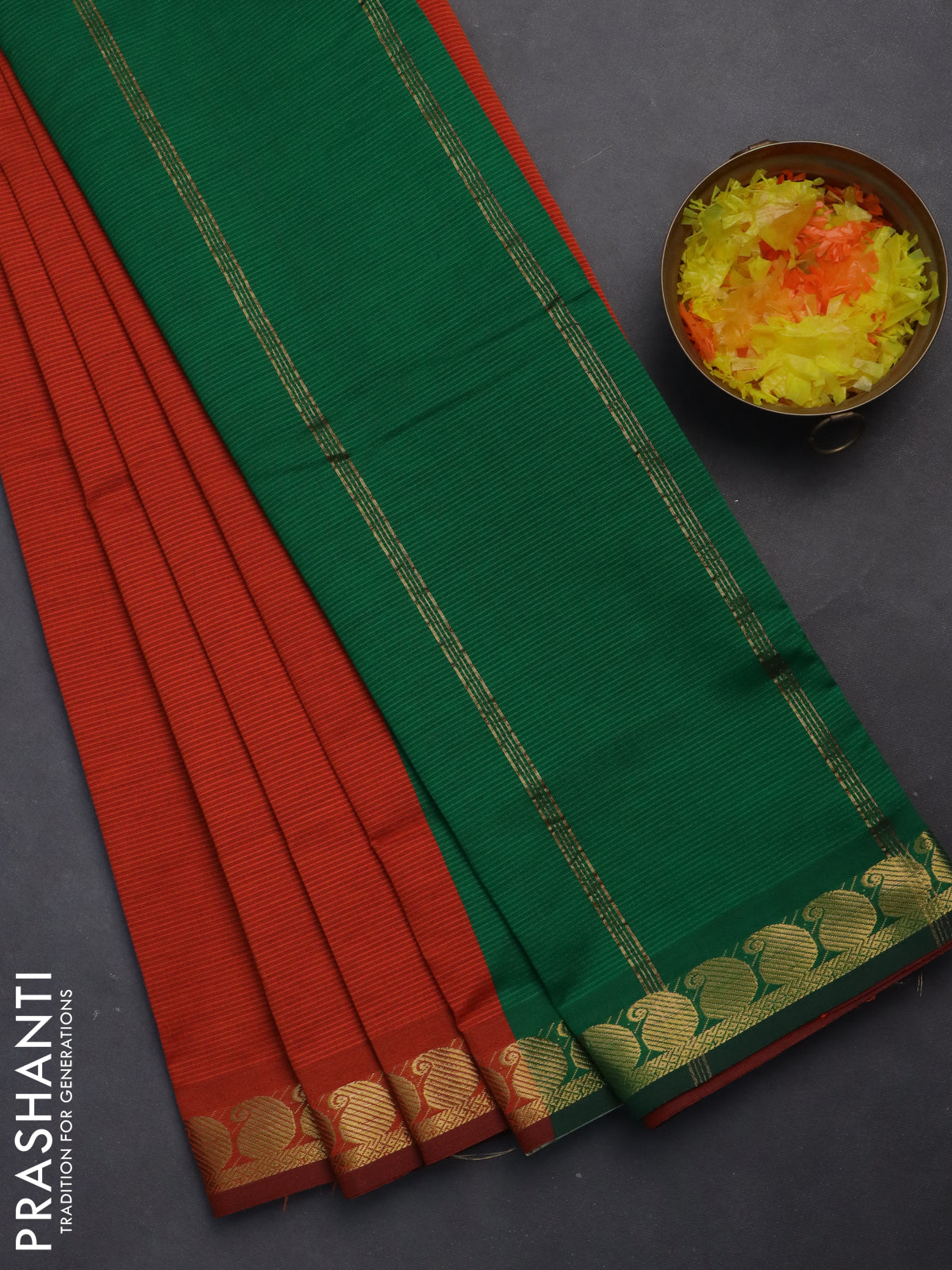 10 yards Poly cotton saree orange and green with plain body and zari woven border