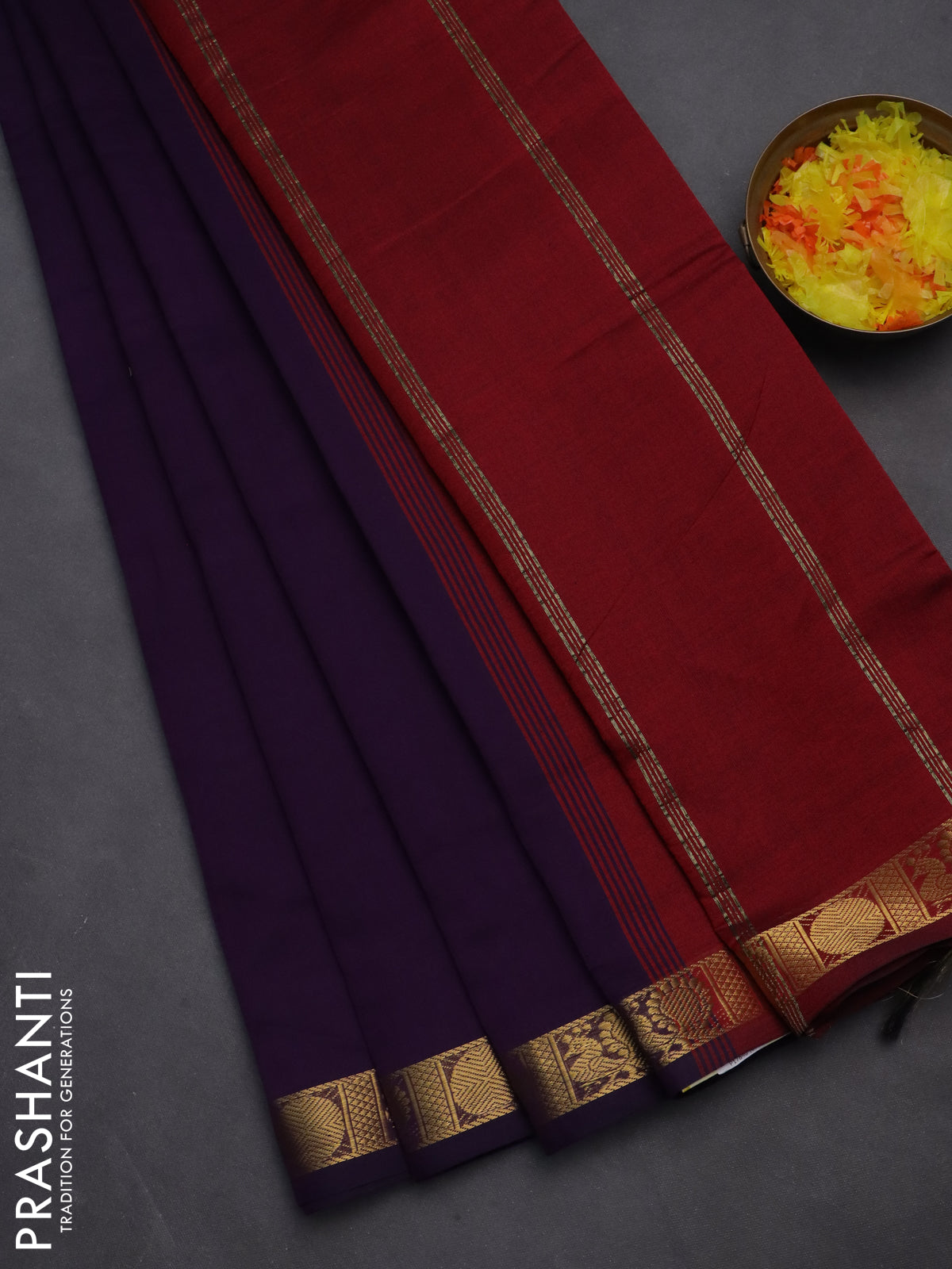 10 yards Poly cotton saree deep jamun and maroon with plain body and zari woven border