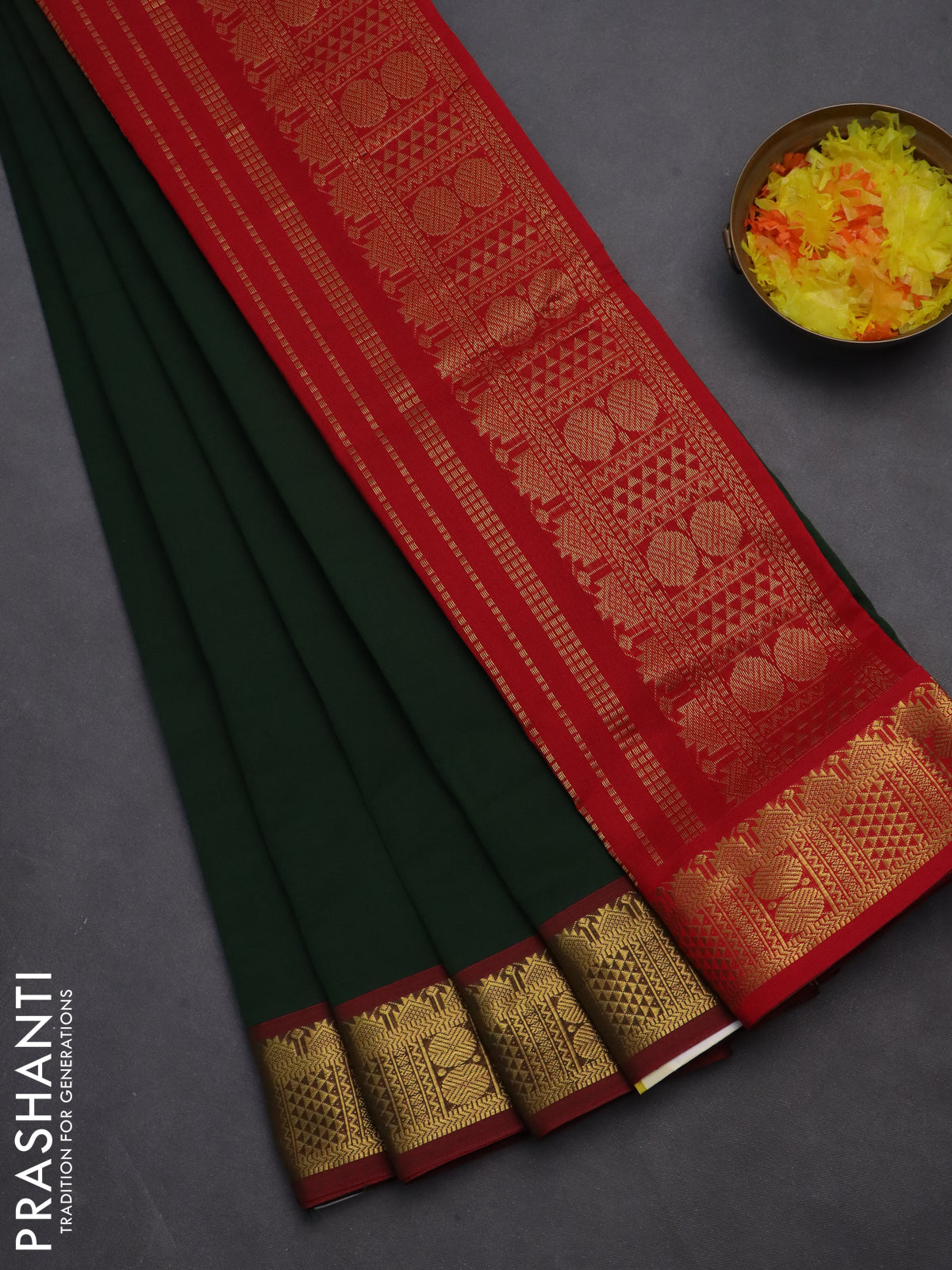 10 yards Poly cotton saree sap green and red with plain body and zari woven border