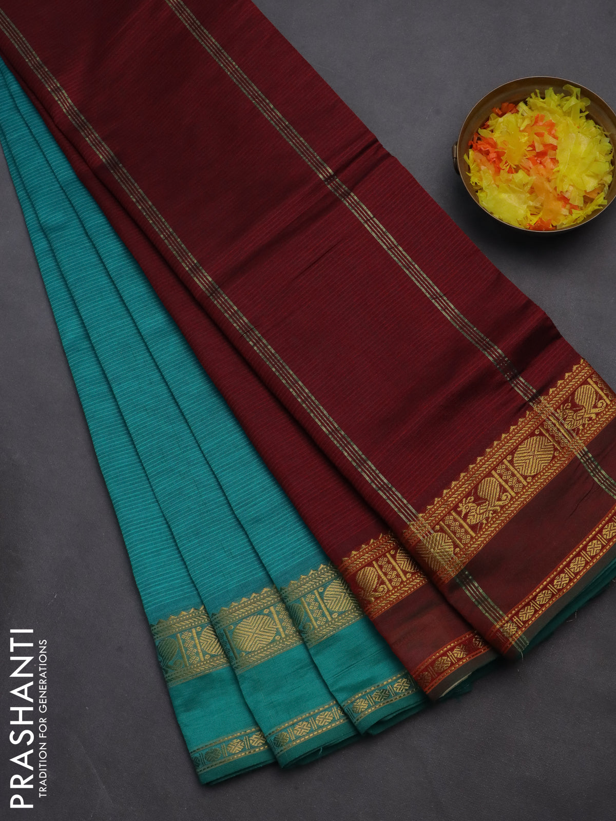 10 yards Poly cotton saree teal green and maroon with plain body and rettapet zari woven border
