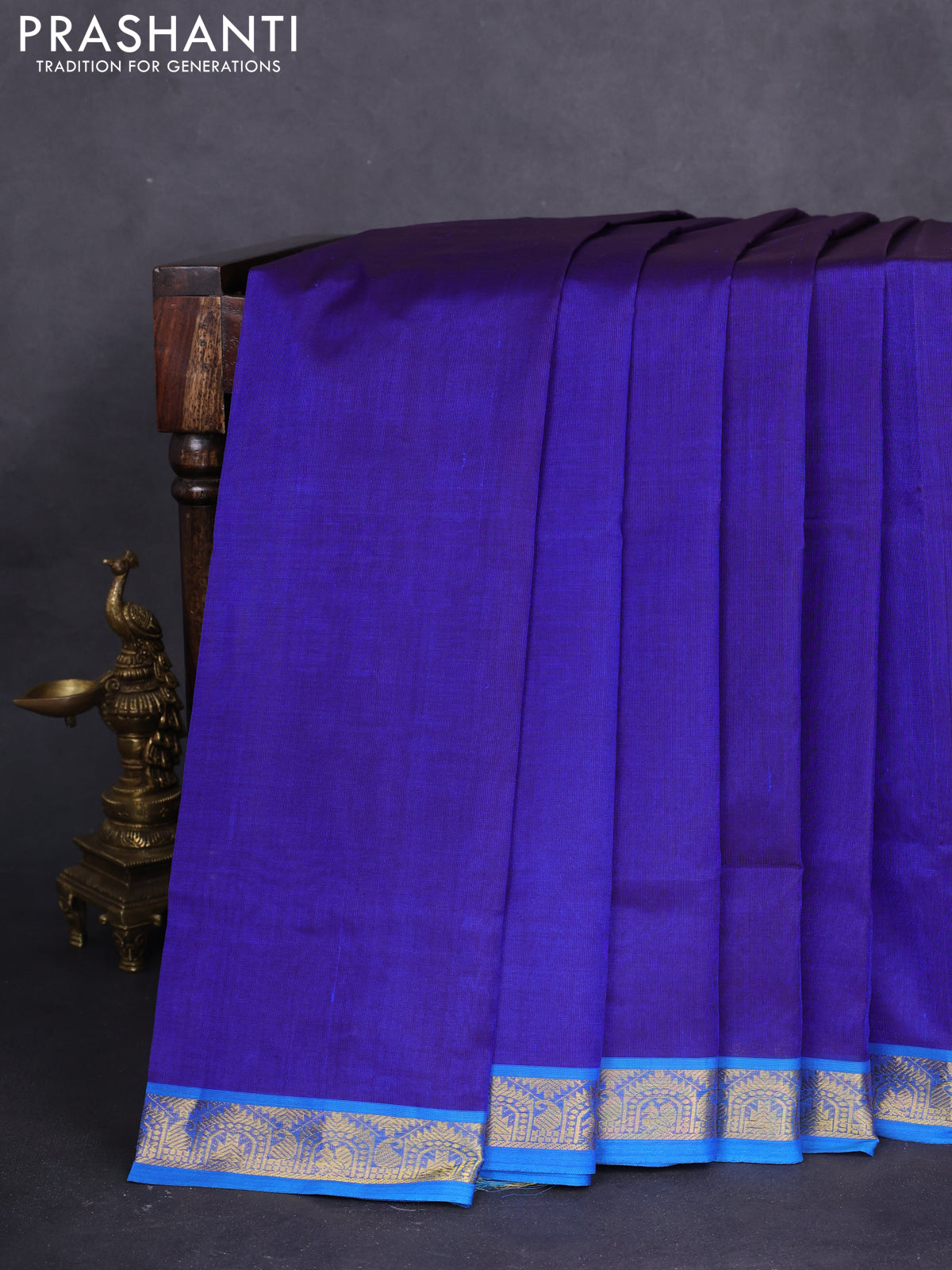10 yards silk cotton saree navy blue and cs blue with plain body and zari woven border