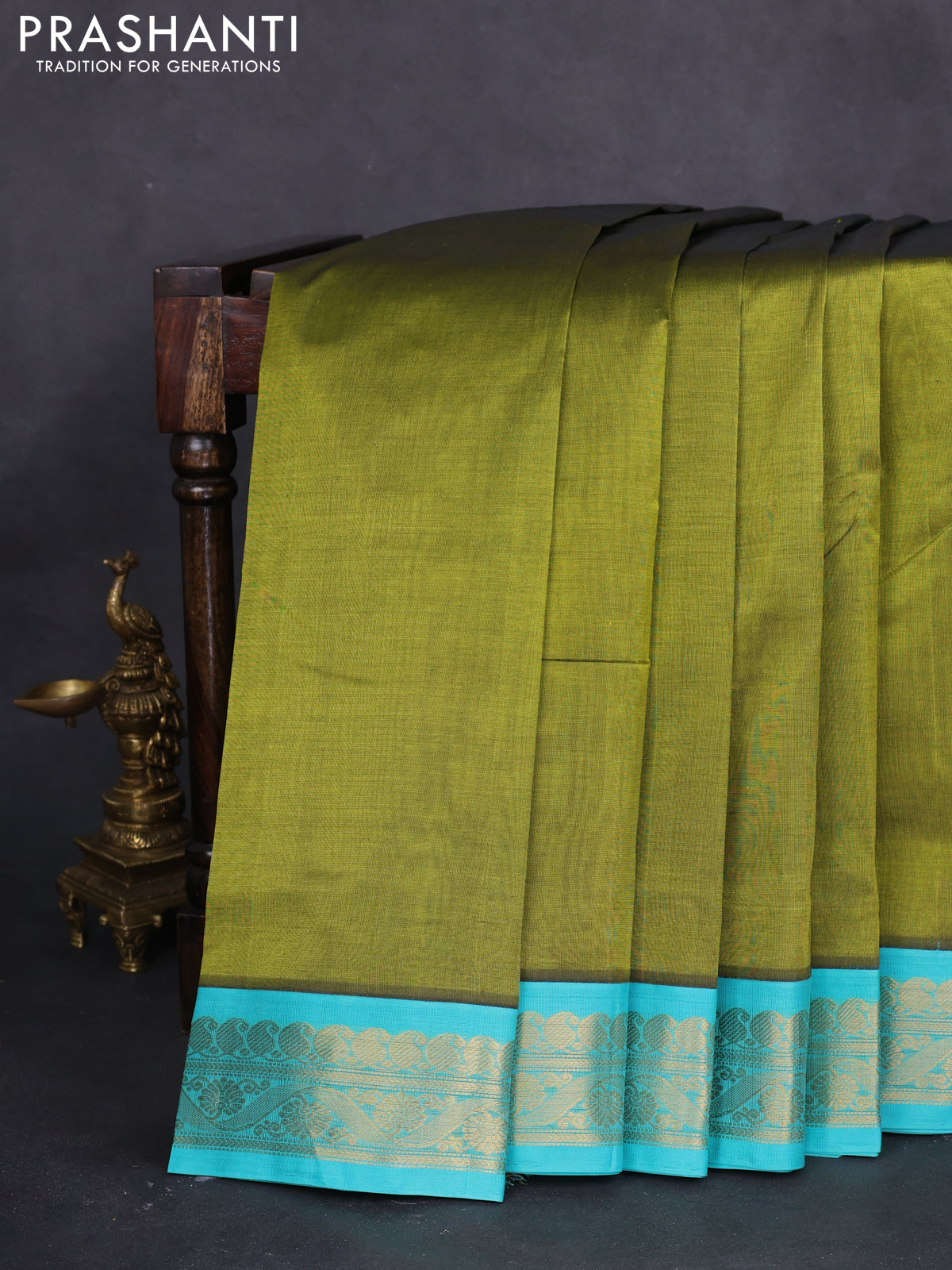 10 yards silk cotton saree mehendi green and teal blue with plain body and zari woven border