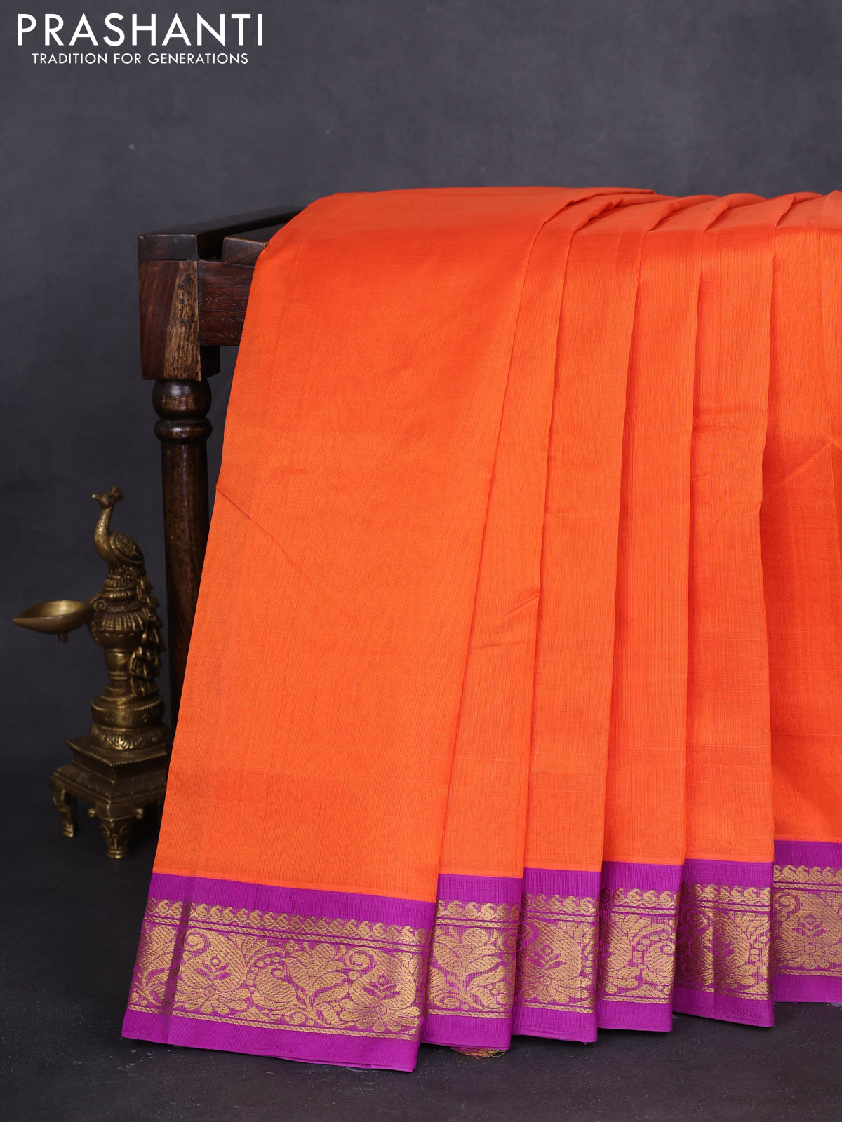 10 yards silk cotton saree orange and purple with plain body and zari woven border