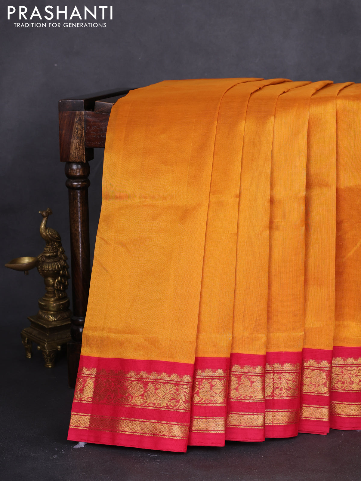 10 yards silk cotton saree mustard shade and red with plain body and zari woven border