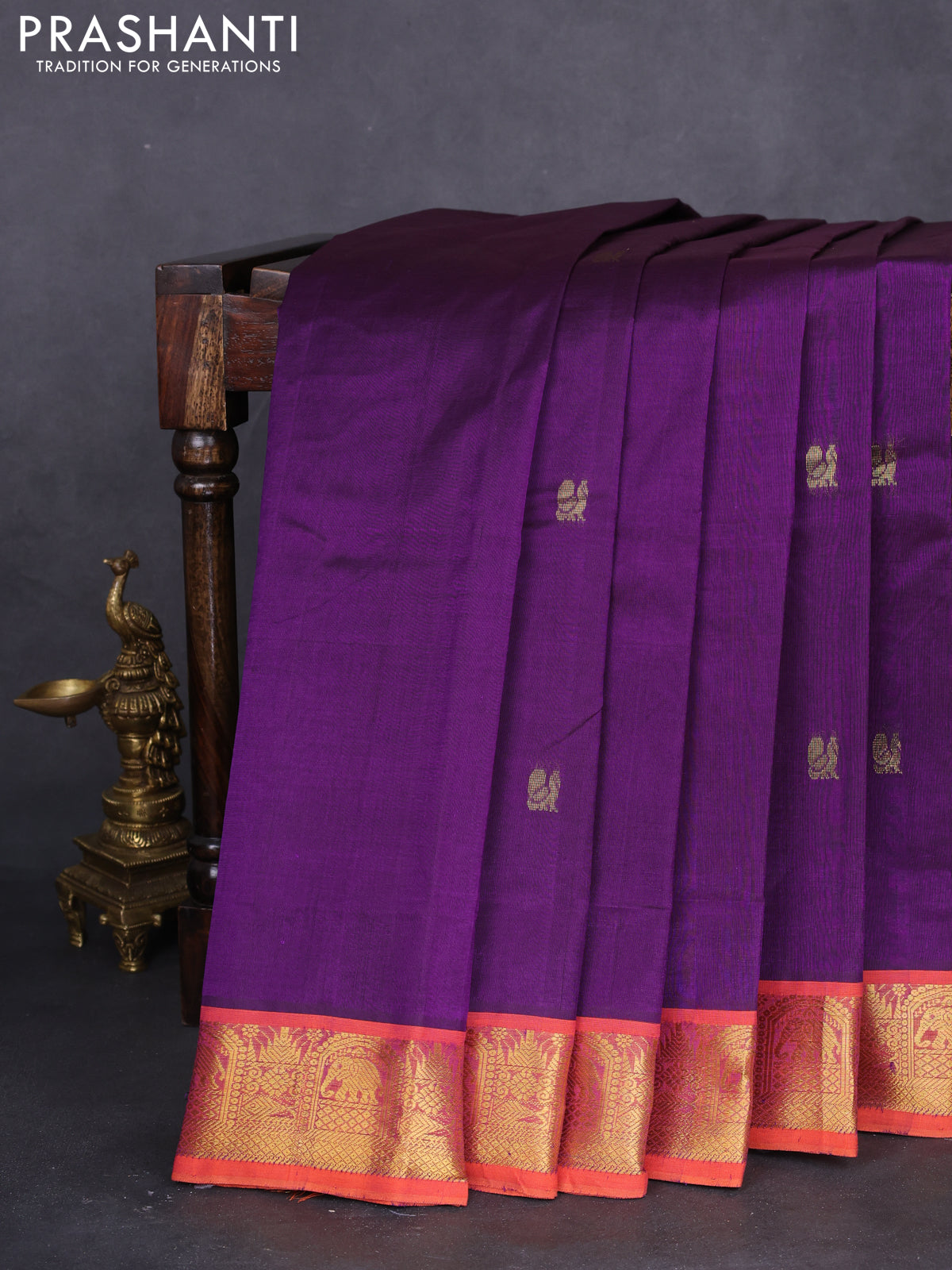10 yards silk cotton saree violet and orange with annam & rudhraksha zari woven buttas and zari woven border