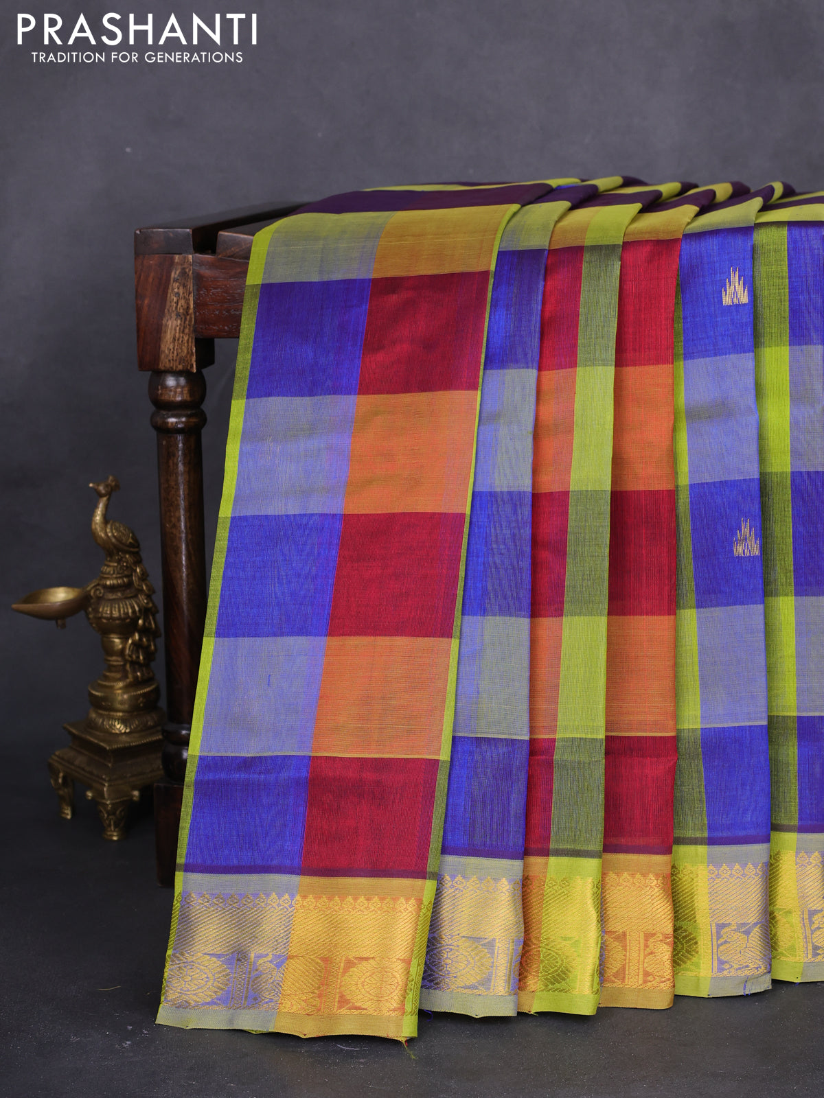 10 yards silk cotton saree multi colour and pista green with allover paalum pazhamum checks & buttas and zari woven border