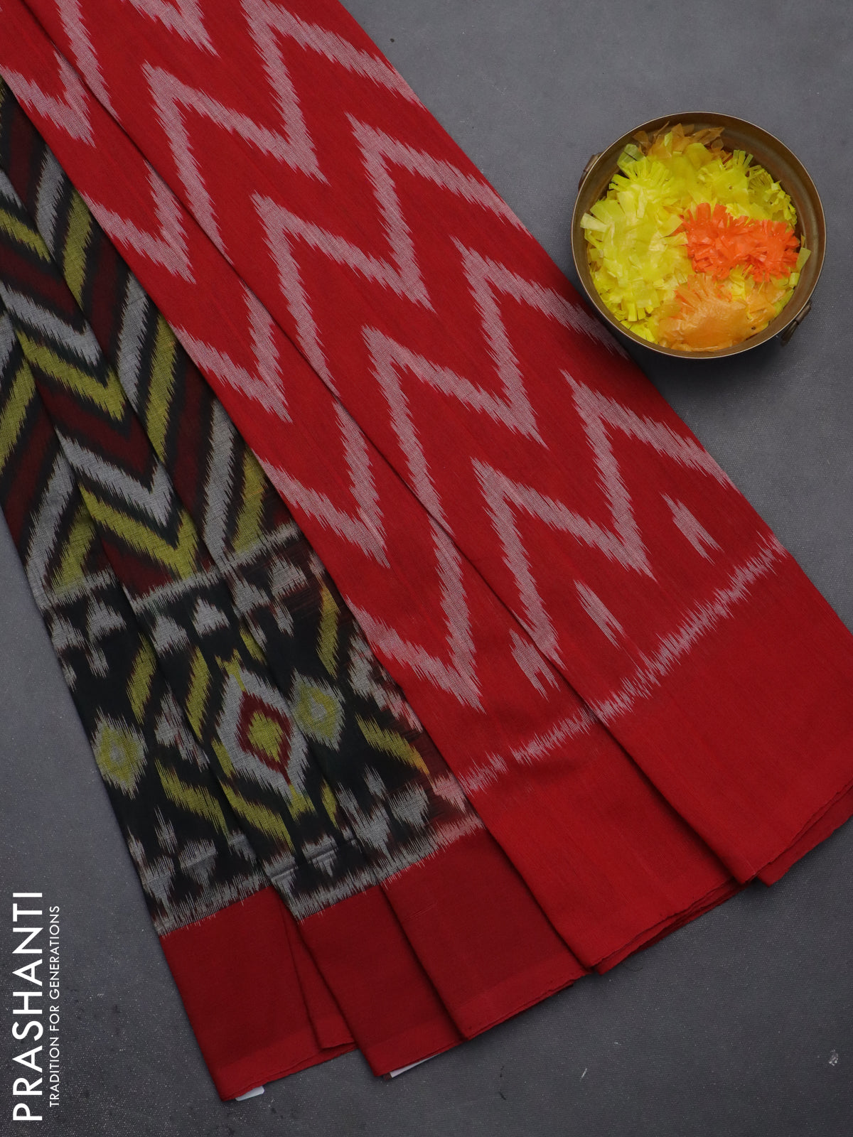 Ikat cotton saree elephant grey and red with allover ikat weaves and simple border