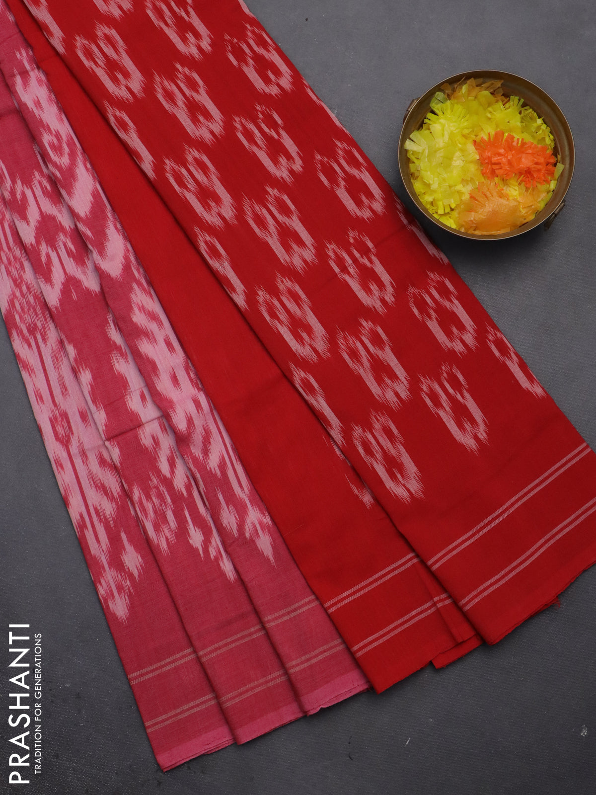 Ikat cotton saree pink shade and red with allover ikat weaves and simple border