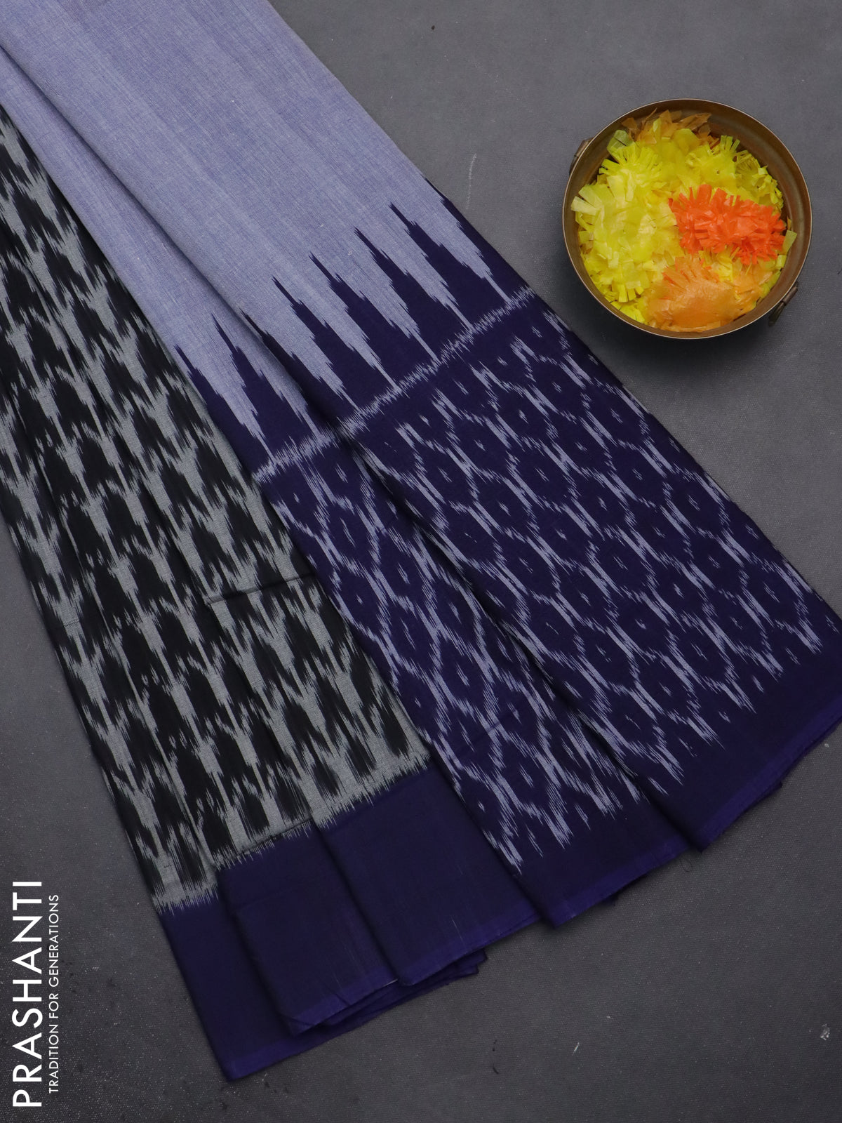 Ikat cotton saree black grey and blue with allover ikat weaves and simple border