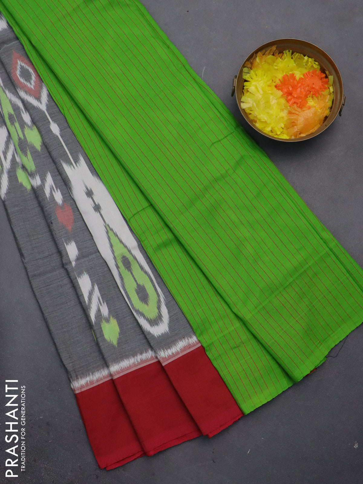 Ikat cotton saree grey with allover ikat weaves and ganga jamuna border