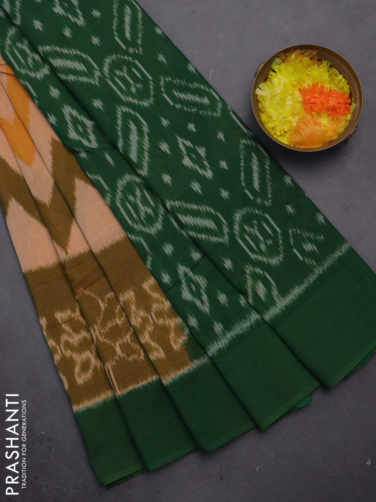 Ikat cotton saree multi colour and green with allover ikat weaves and simple border