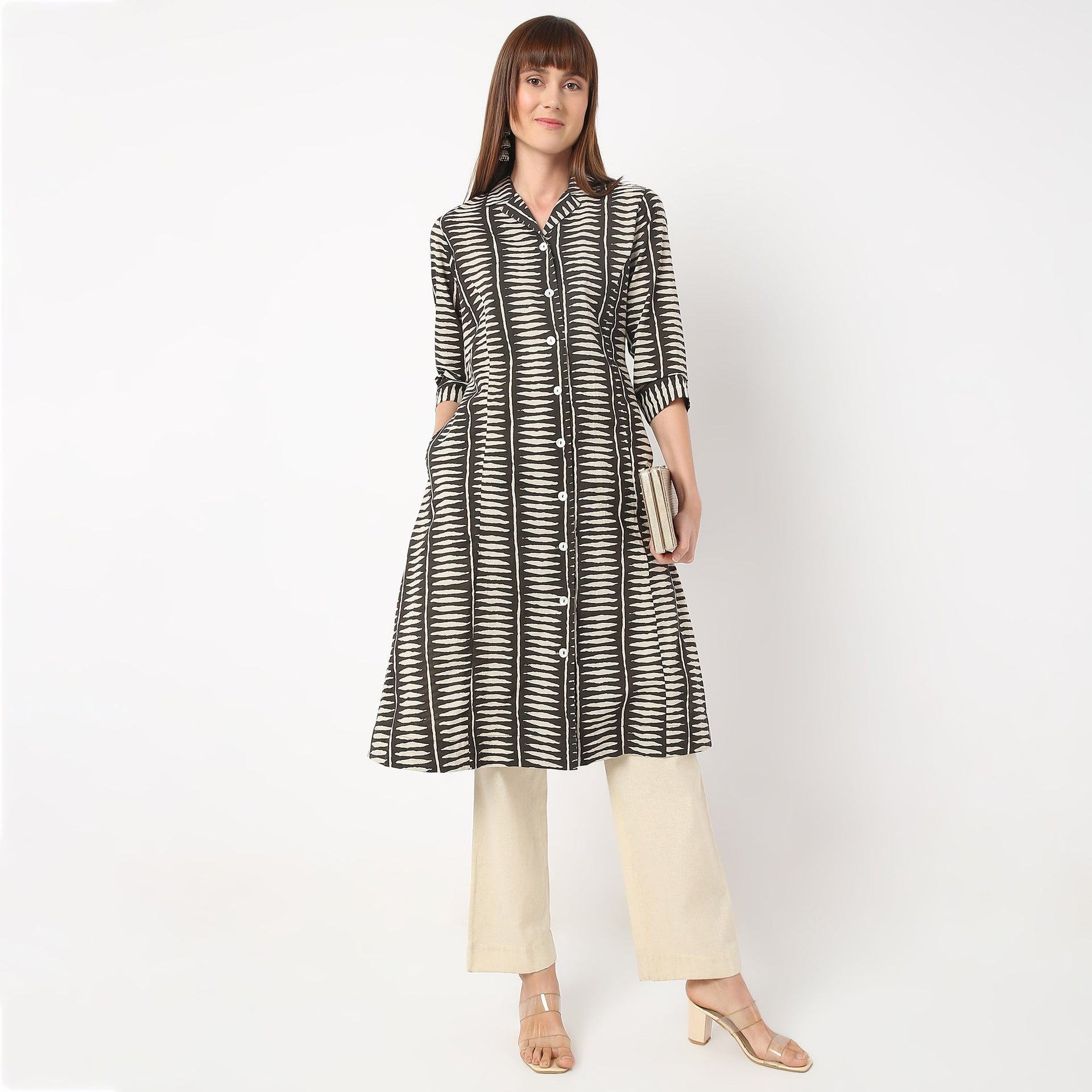 A-Line Printed Lapel Collar Flared Kurta
