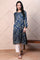 Blue Ajrak Printed Satin Straight Kurta with Sequin Work