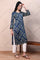 Blue Ajrak Printed Satin Straight Kurta with Sequin Work
