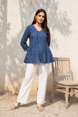 Blue Geometric Thread Work Flared Cotton Top
