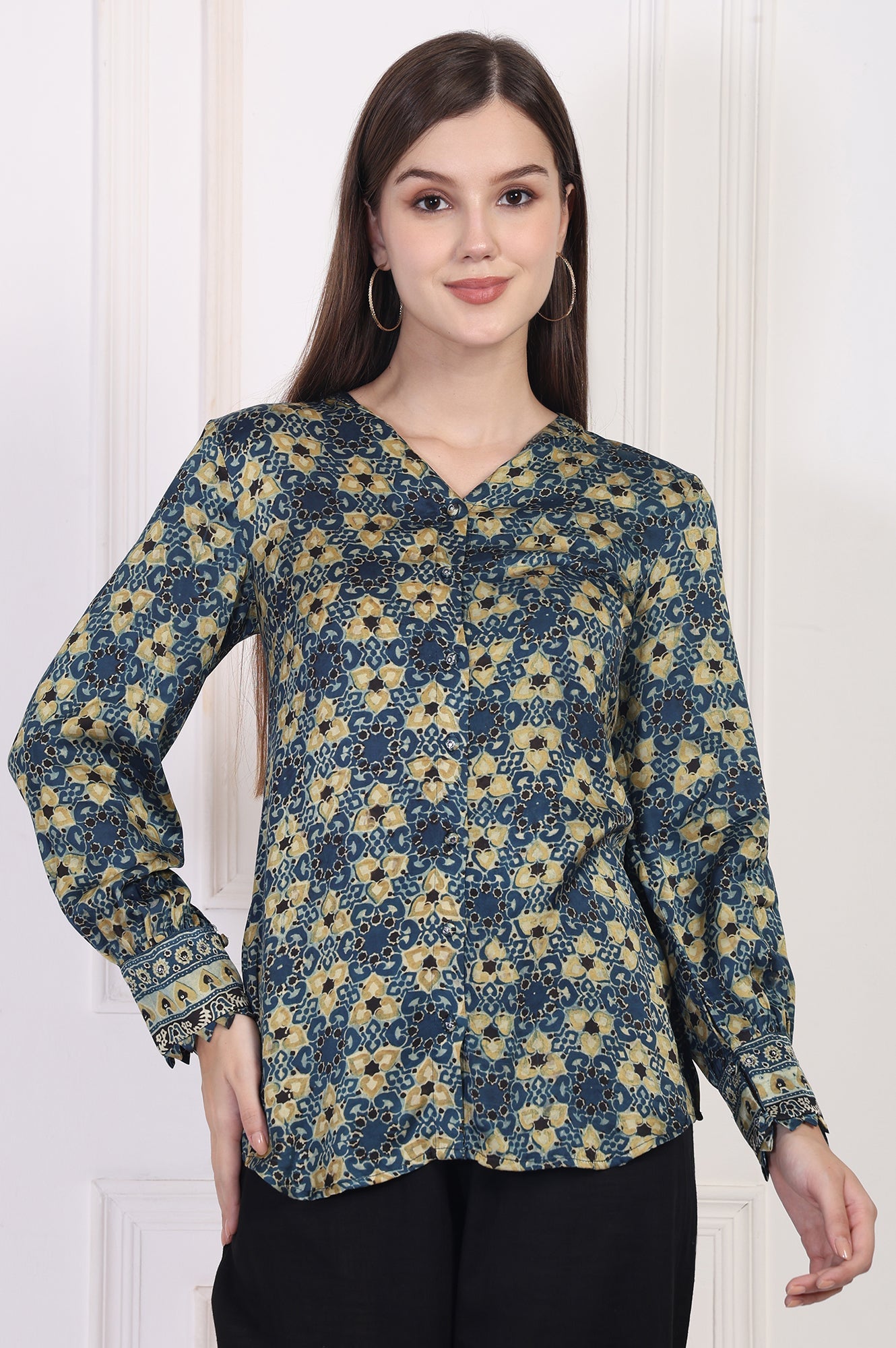 Blue Abstract Printed Straight Modal Top