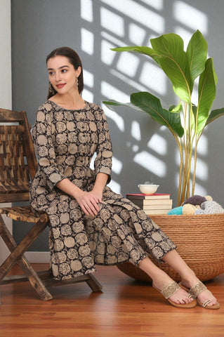 Black Kalamkari Printed Pure Cotton A-Line Kurta and Pants Co-ord Set