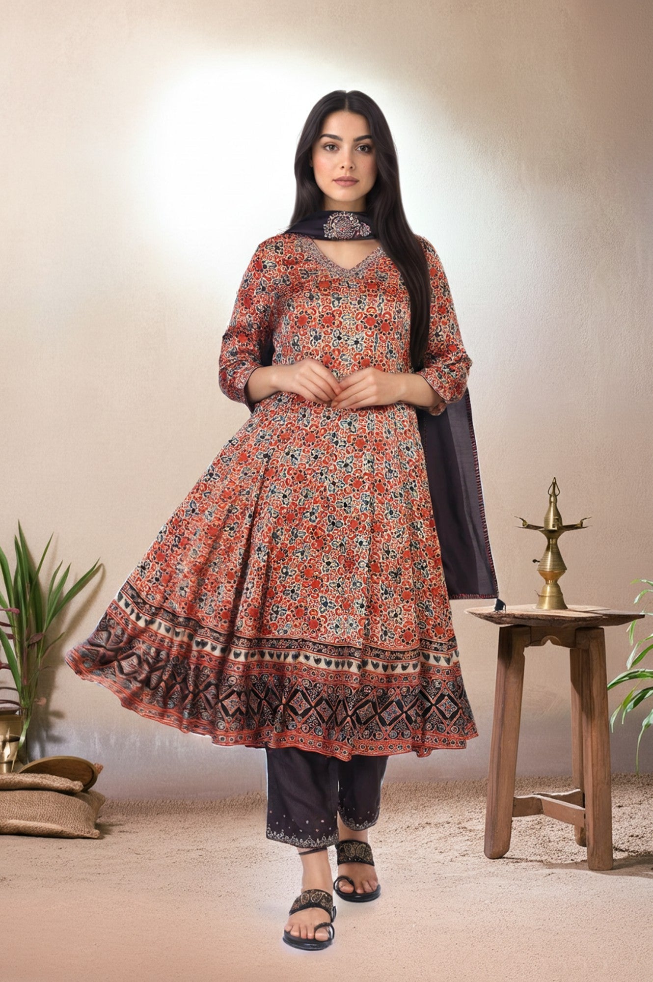 Beige Ethnic Motifs Printed Embellished Anarkali Satin Kurta with Straight Pant and Dupatta Set