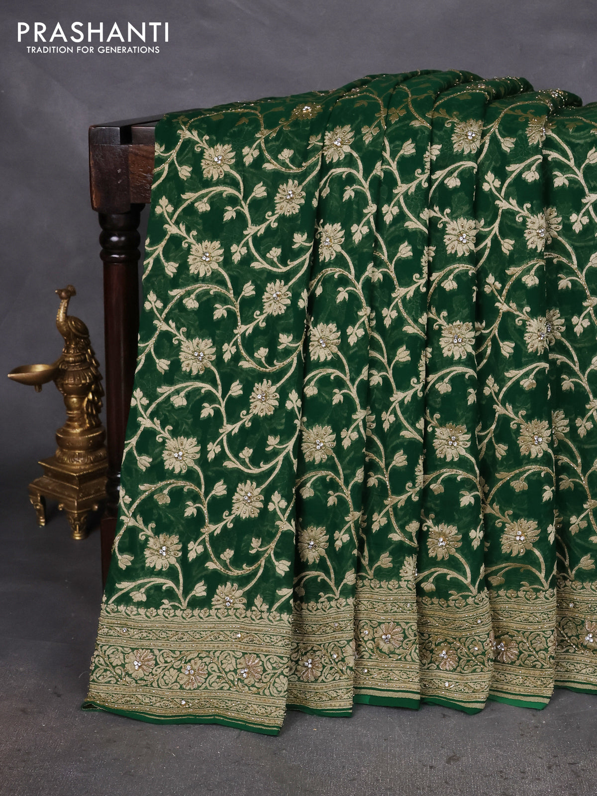Banarasi georgette saree green with allover jaal weaves & stone work and zardosi work border