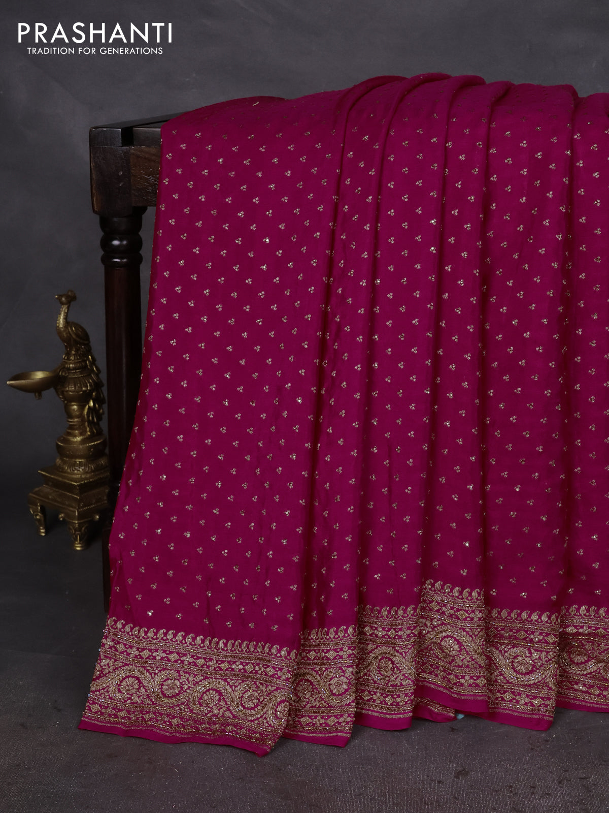 Banarasi crepe saree pink with allover woven buttas & stone work and beaded work border