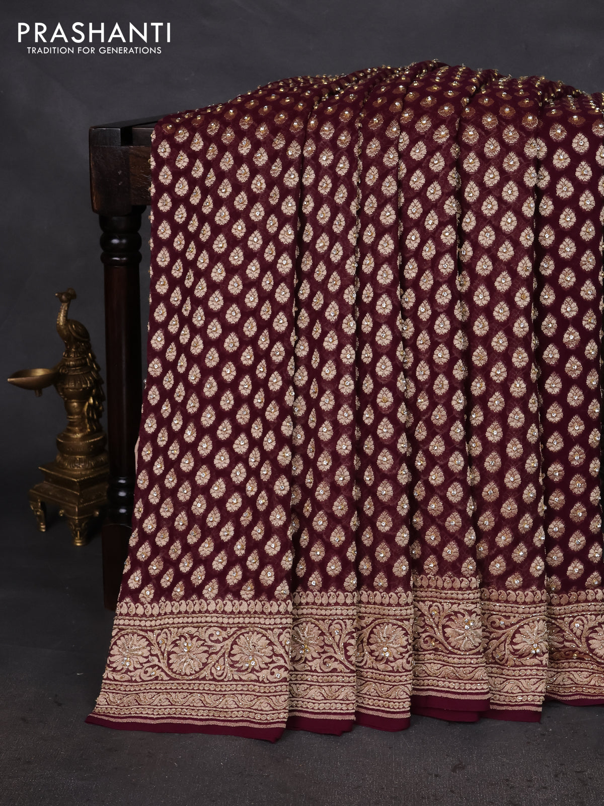 Banarasi georgette saree wine shade with woven buttas & stone work and zardosi work border