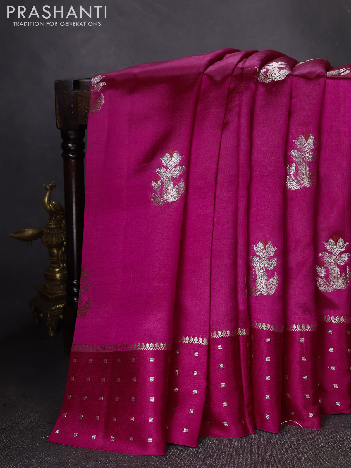 Banarasi poona silk saree pink and violet with zari woven buttas and zari woven butta border
