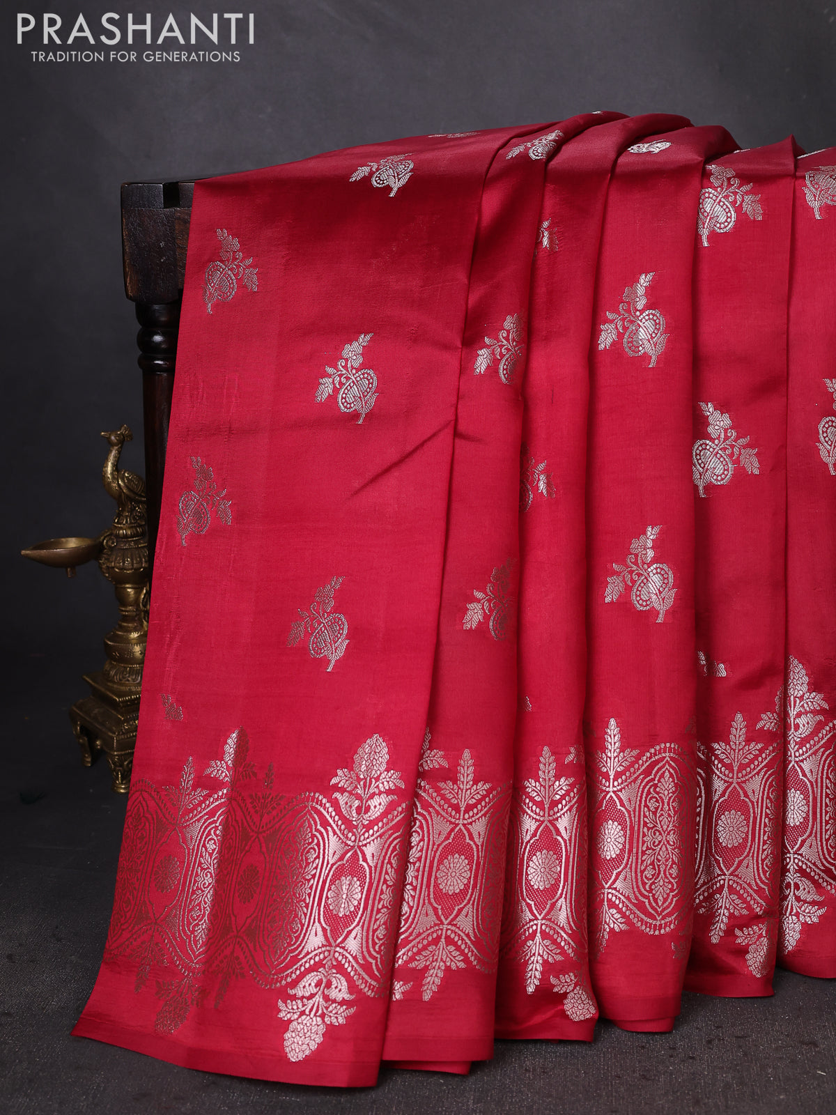 Banarasi poona silk saree red with zari woven buttas and zari woven border