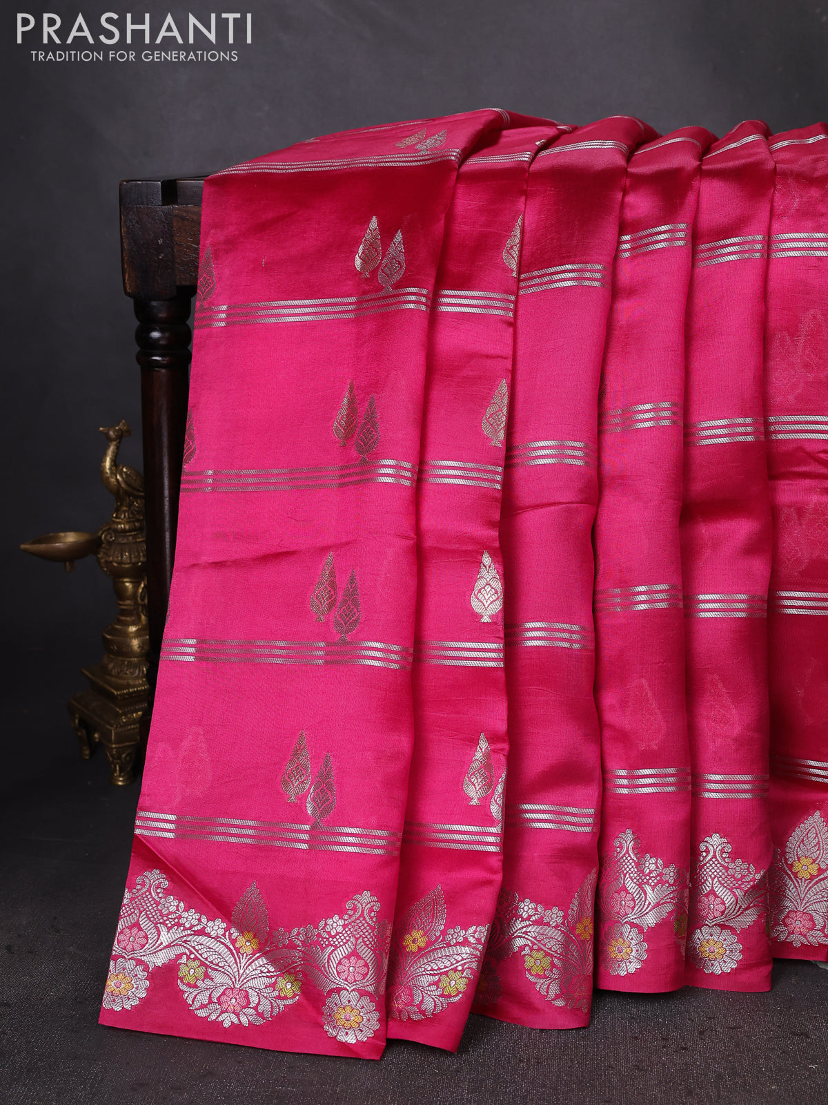 Banarasi poona silk saree pink and peacock blue with silver & gold zari woven buttas and silver zari woven border