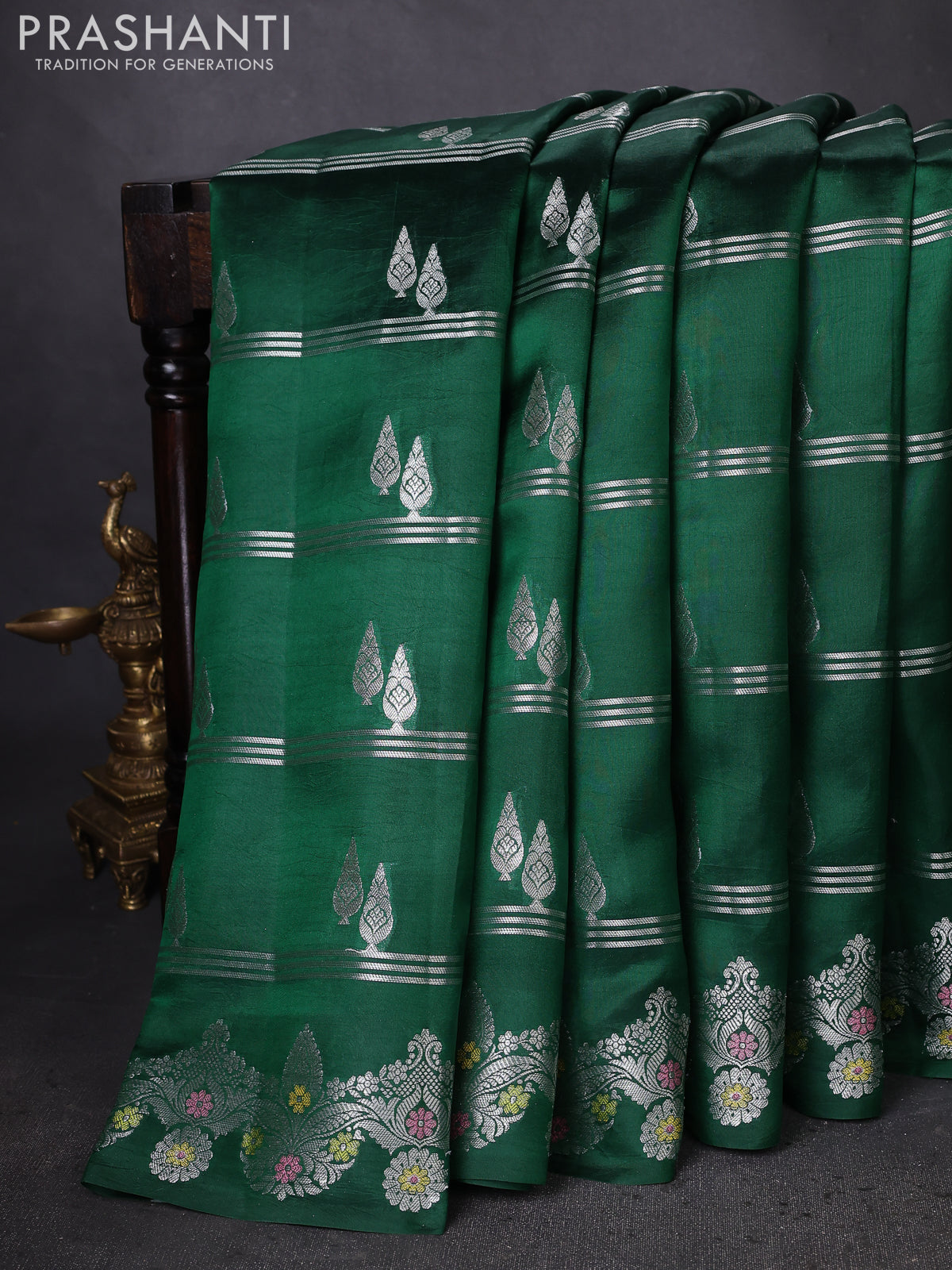 Banarasi poona silk saree green with silver zari woven buttas and silver zari woven border