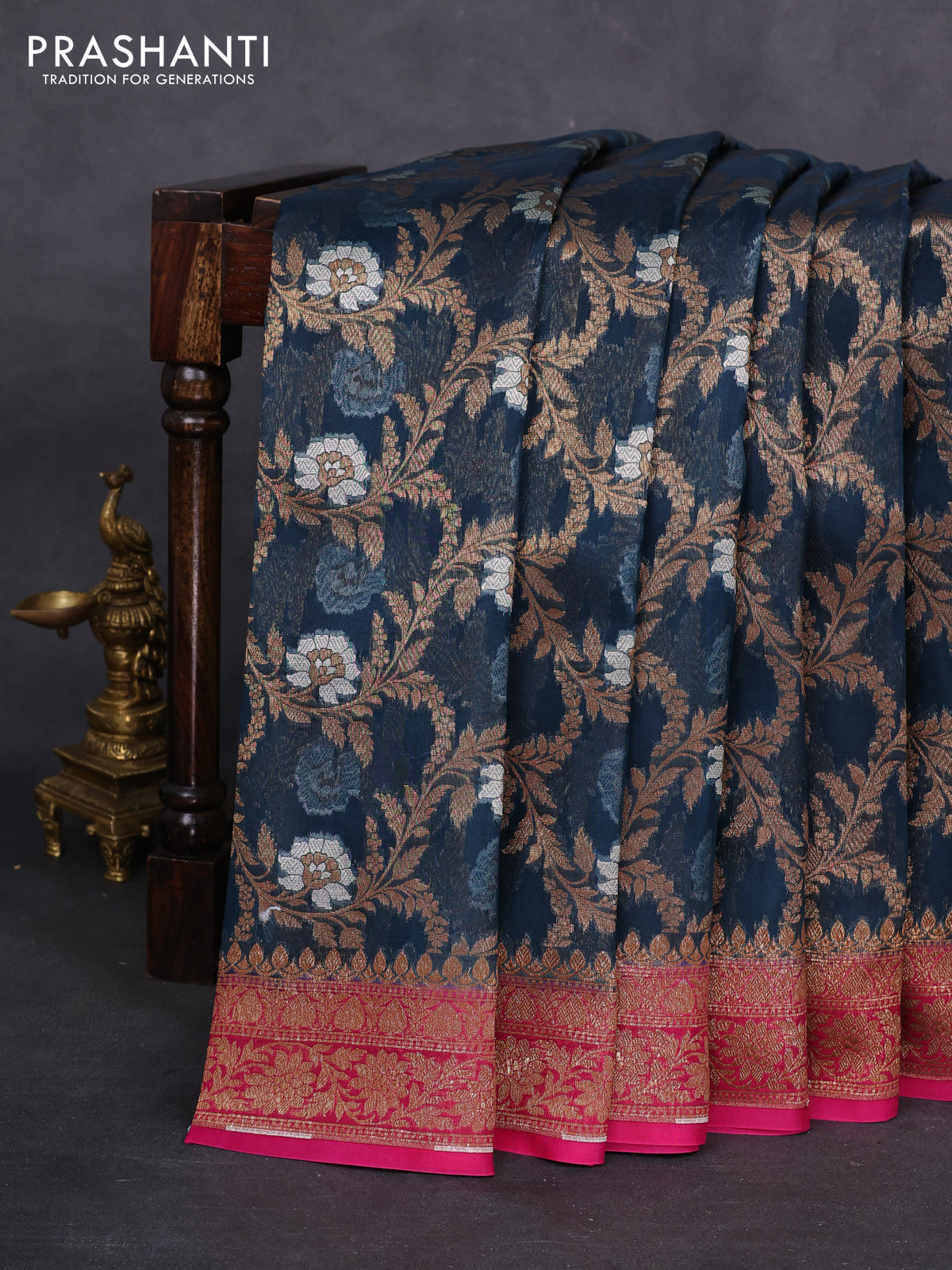 Banarasi organza silk saree peacock blue and pink with allover thread & zari weaves and woven border