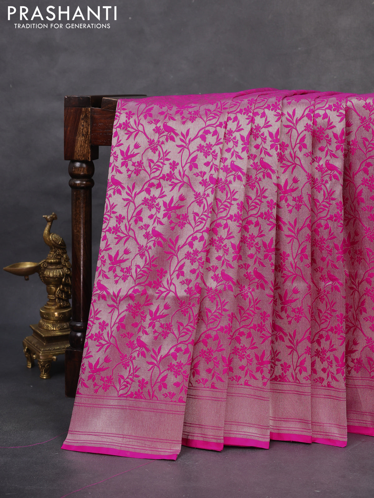 Banarasi uppada tissue silk saree silver and pink with allover zari woven brocade weaves and zari woven border