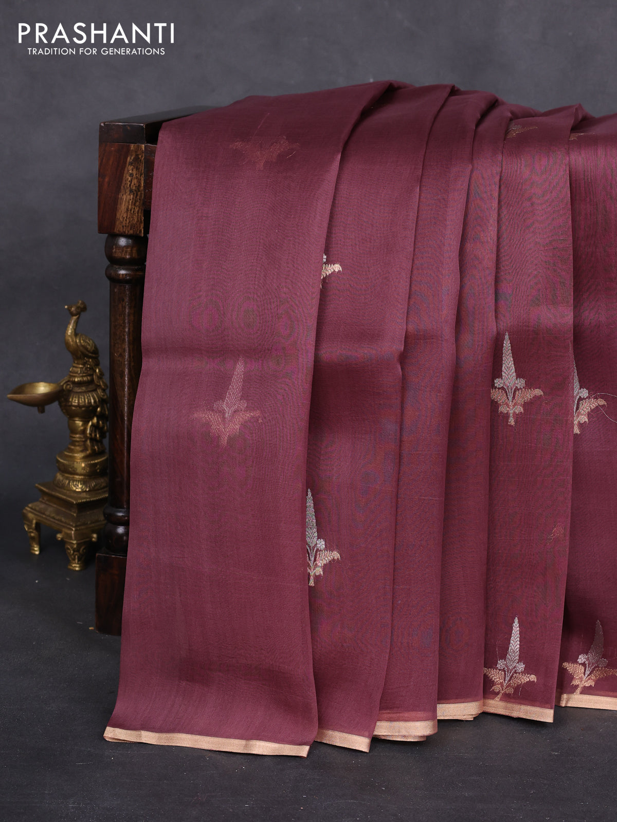 Banarasi organza silk saree deep maroon with zari woven buttas and zari woven piping border