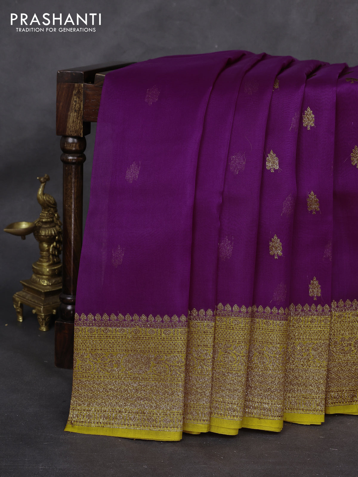 Banarasi organza silk saree purple and mustard yellow with woven buttas and woven border