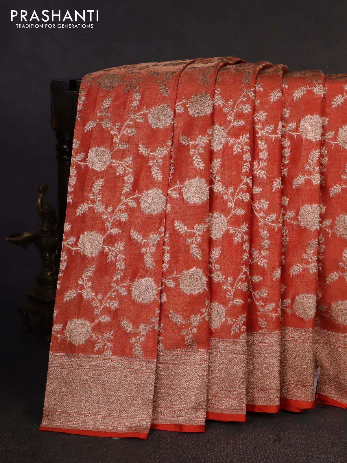 Banarasi tissue silk saree rustic orange with allover zari woven brocade weaves and zari woven border