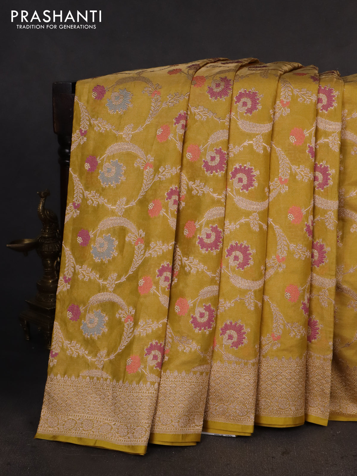 Banarasi tissue silk saree yellow with allover zari woven brocade weaves and zari woven border