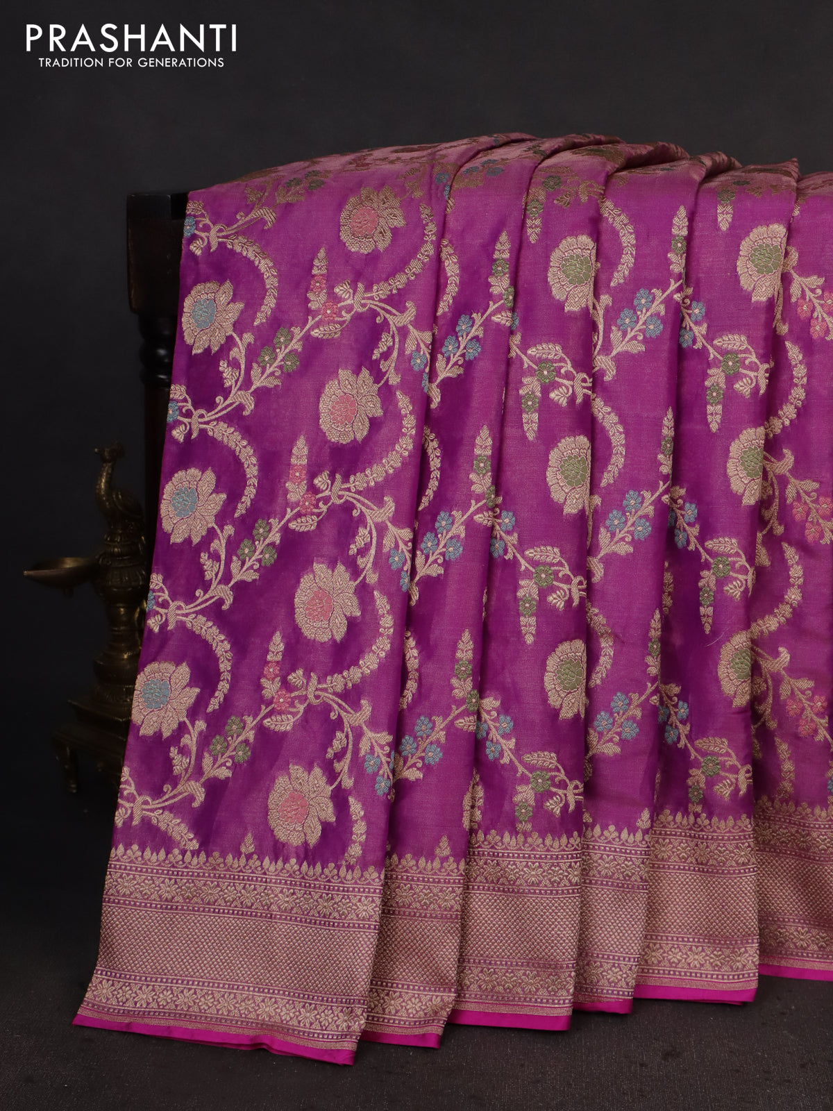 Banarasi tissue silk saree purple with allover zari woven brocade weaves and zari woven border