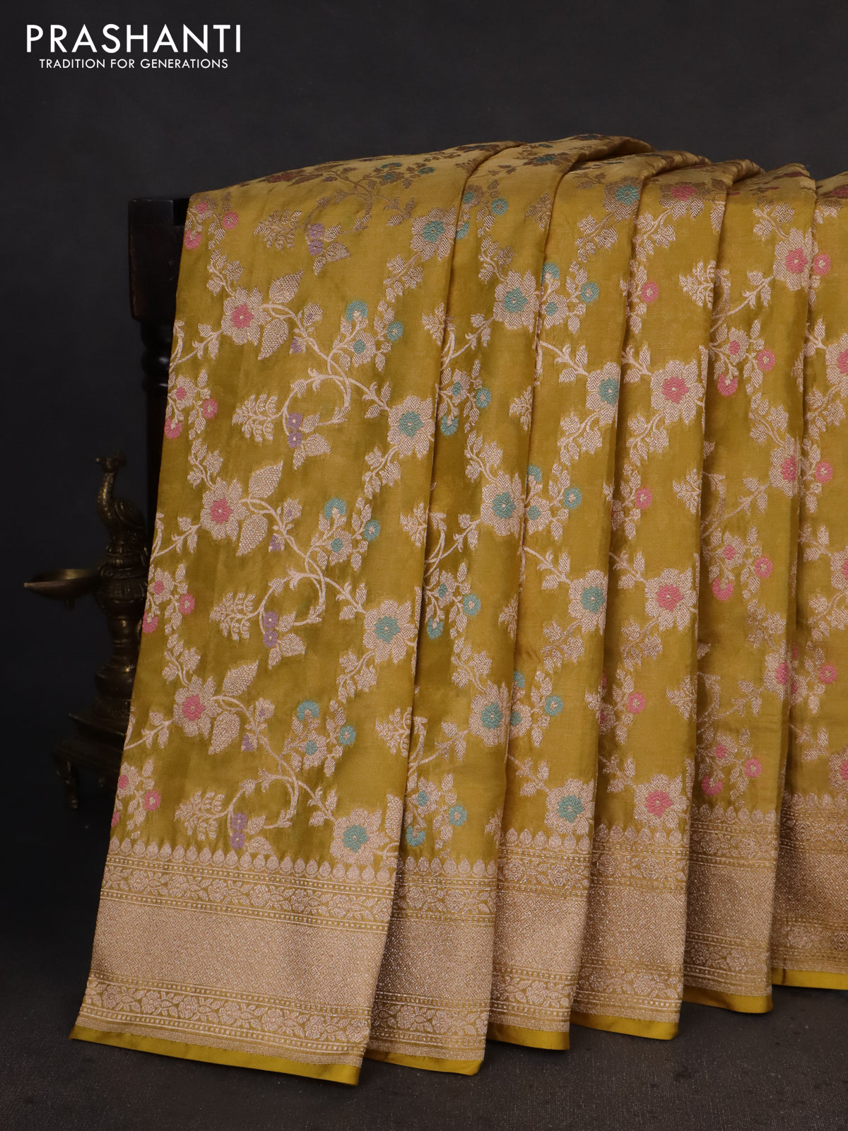 Banarasi tissue silk saree lime yellow with allover zari woven brocade weaves and zari woven border