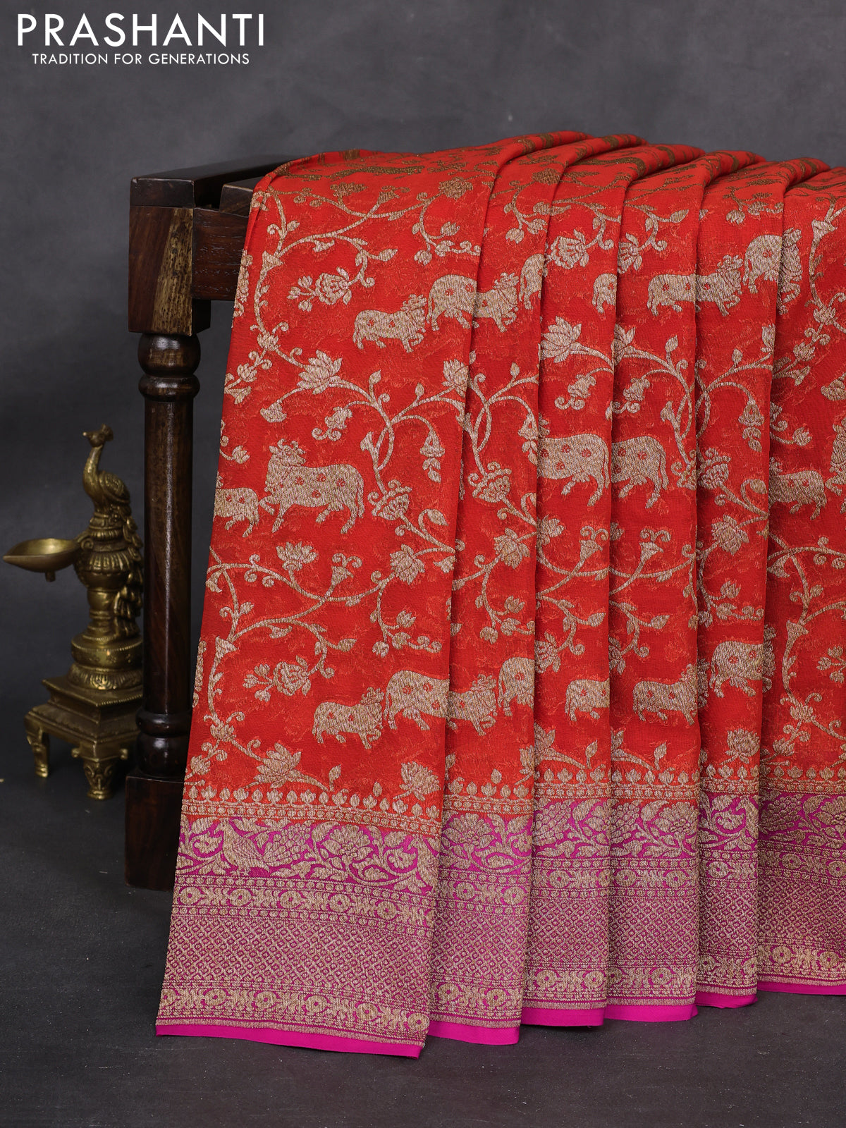 Banarasi georgette saree orange and pink with allover thread & zari pichwai weaves and woven border
