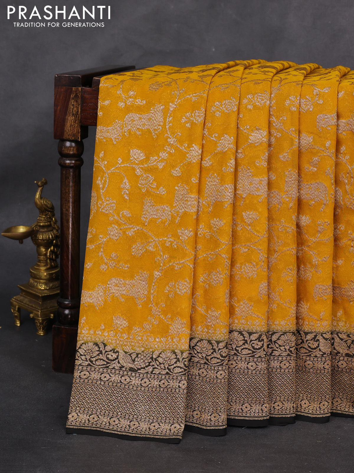 Banarasi georgette saree mustard yellow and black with allover thread & zari pichwai weaves and woven border