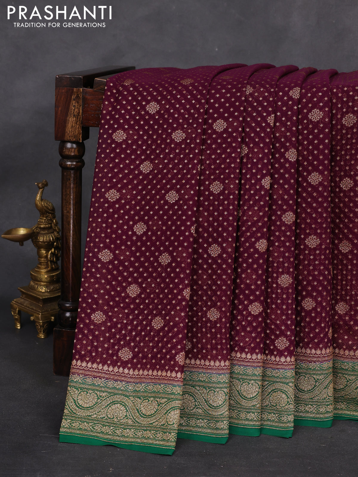Banarasi georgette saree wine shade and green with allover woven buttas and woven border