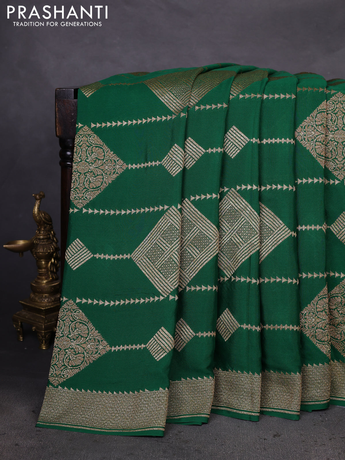 Banarasi crepe saree green with allover geometric weaves and woven border