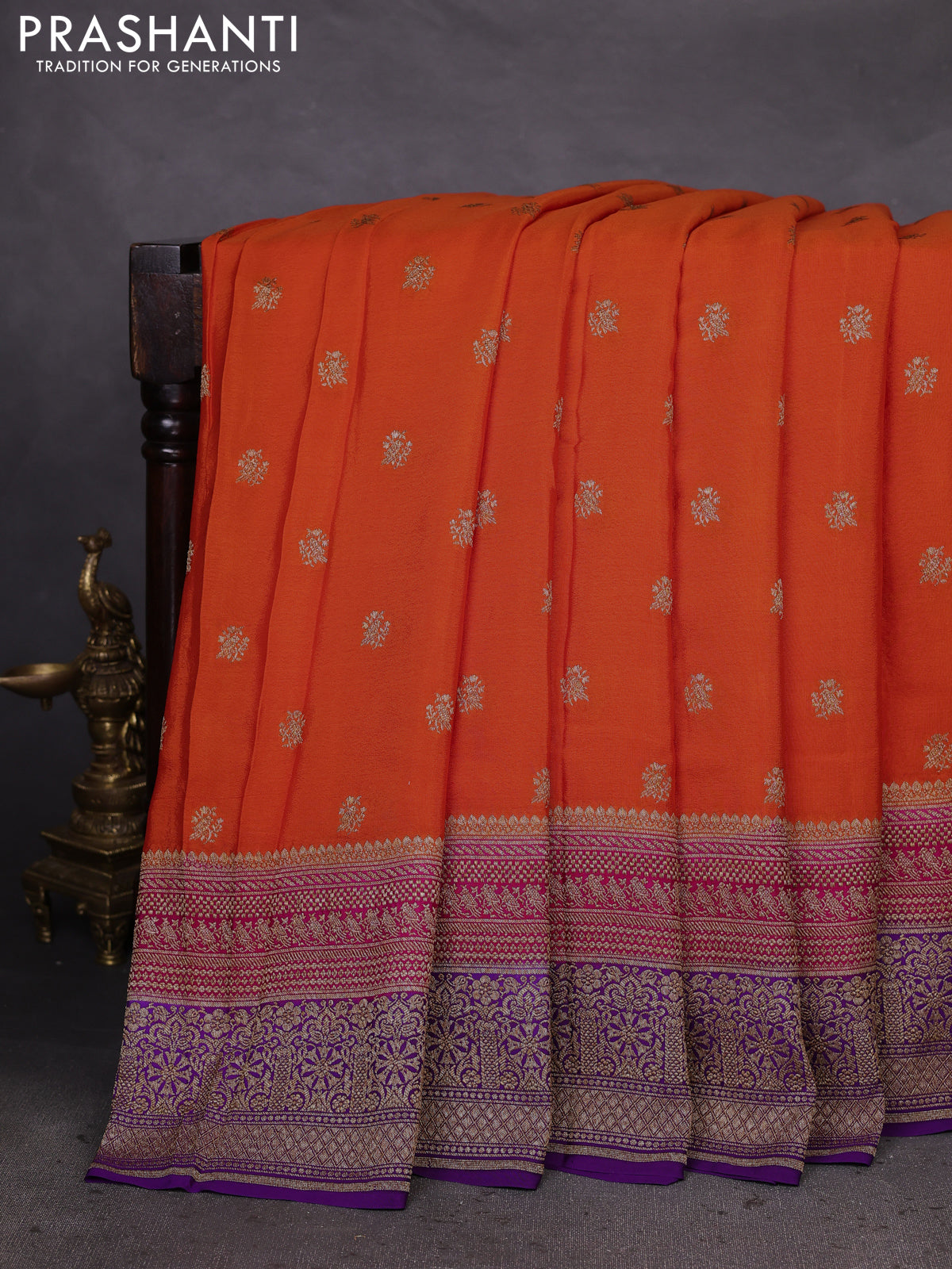 Banarasi crepe saree orange and pink violet with woven buttas and long woven border
