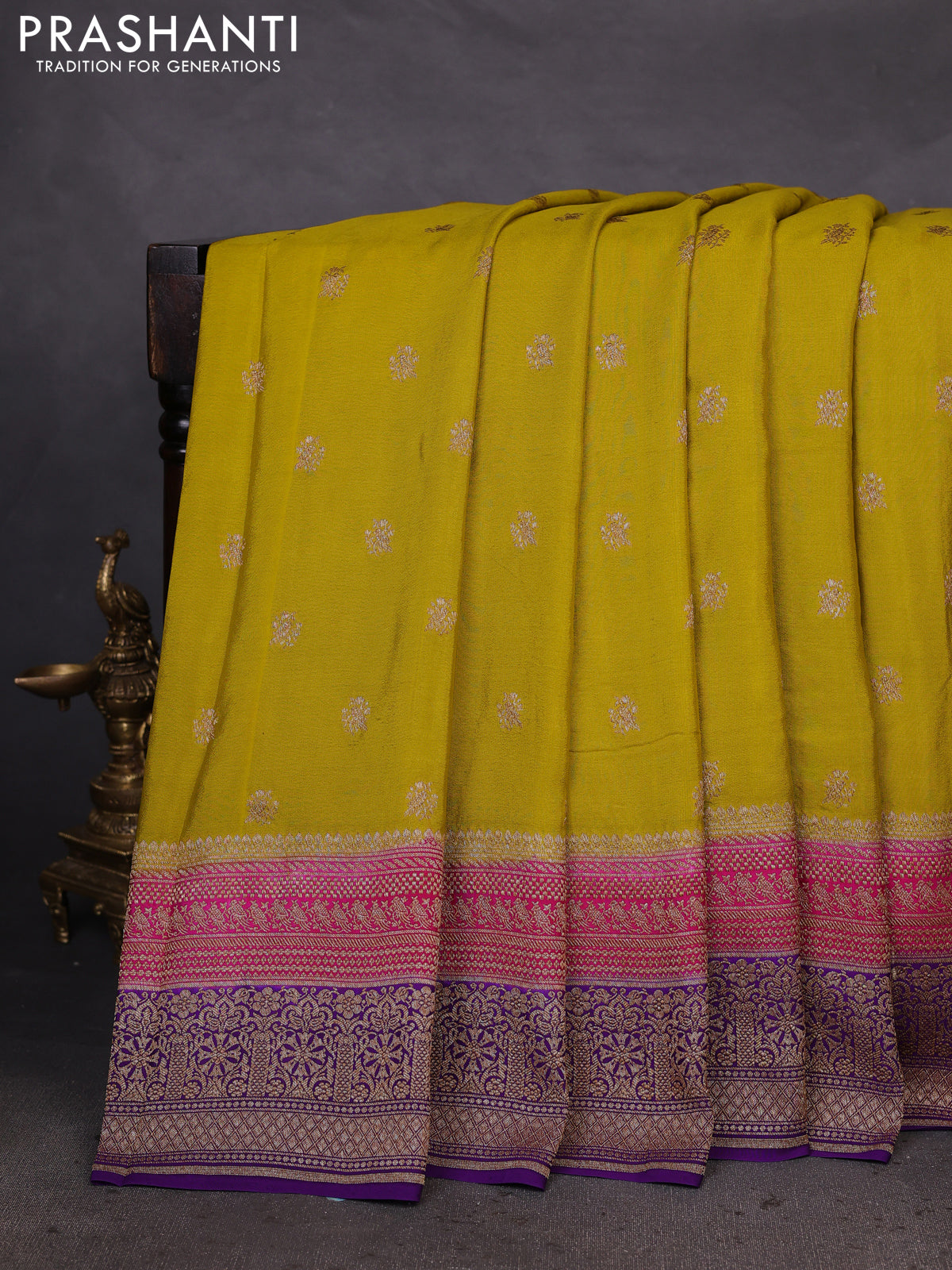 Banarasi crepe saree lime yellow and pink violet with woven buttas and long woven border