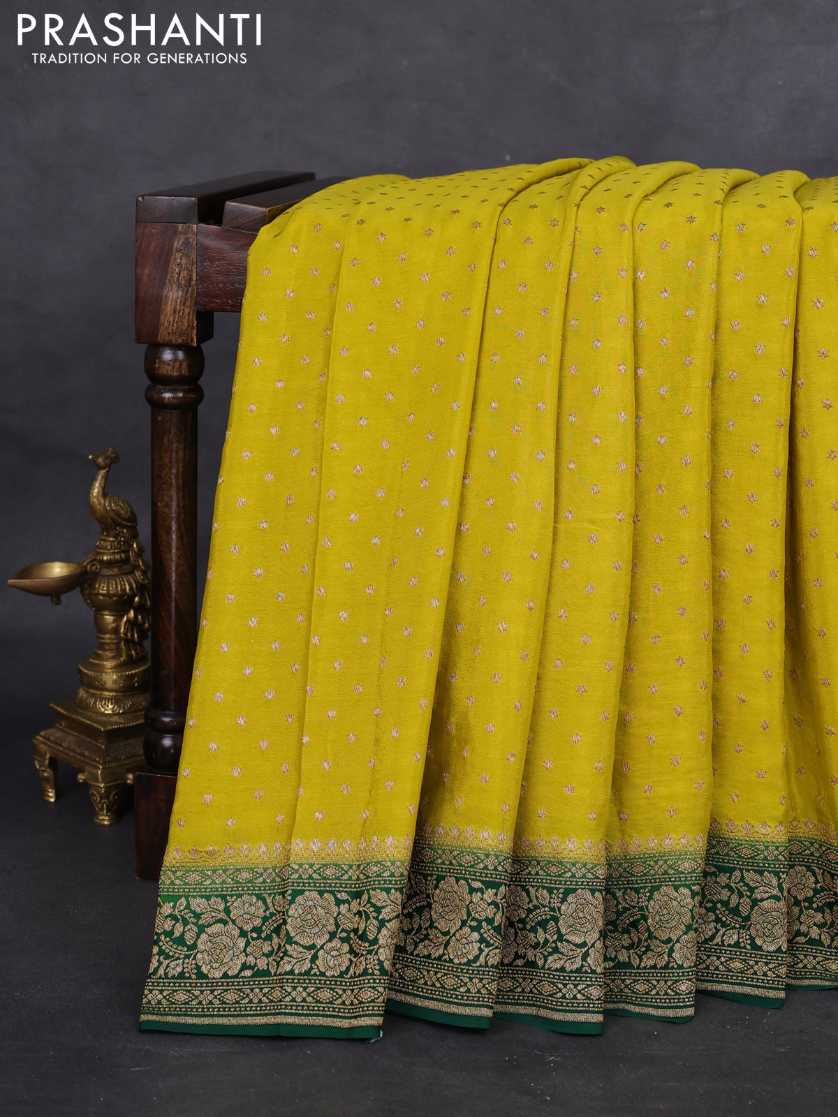 Banarasi crepe saree lime yellow and green with woven buttas and woven border