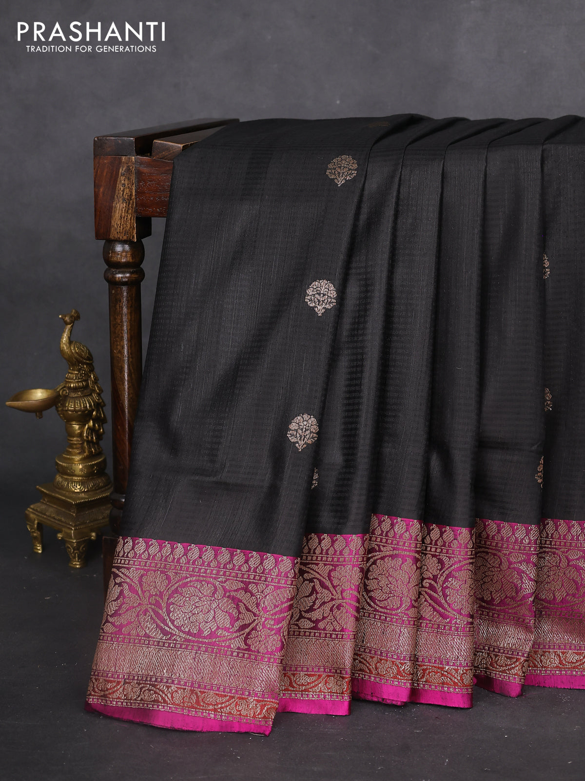 Banarasi dupion silk saree black and purple with thread & zari woven floral buttas and woven border