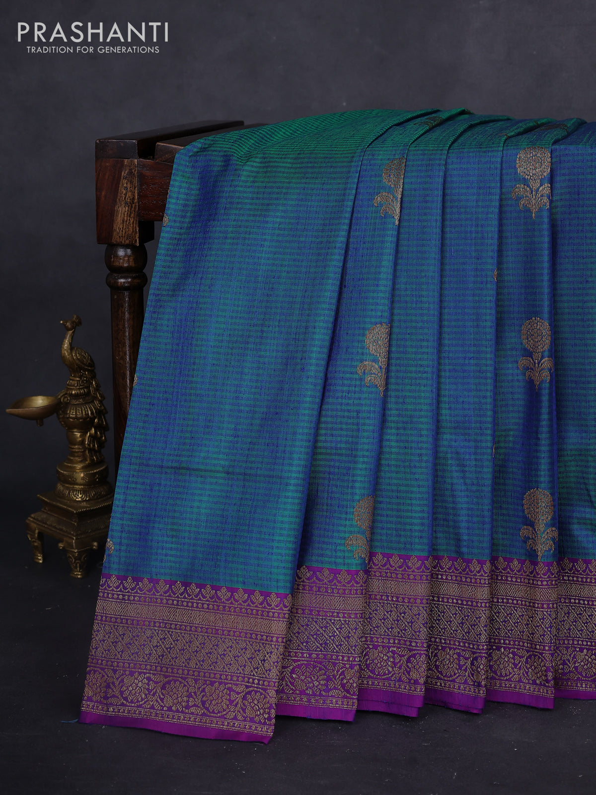 Banarasi dupion silk saree dual shade of bluish green and purple with thread & zari woven buttas and woven border